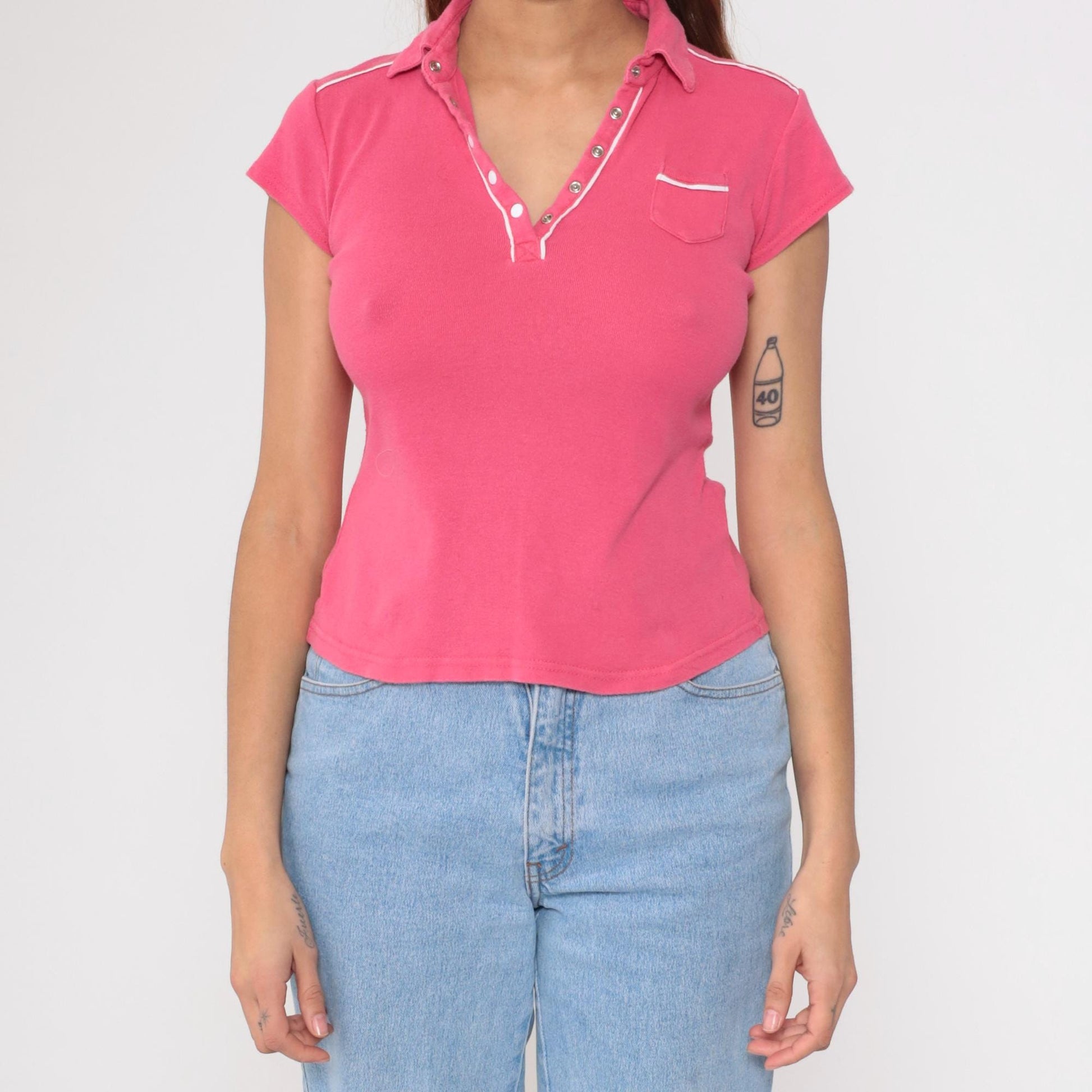 90s Energie Pink Polo Shirt White Piping Snap Button Collared Small