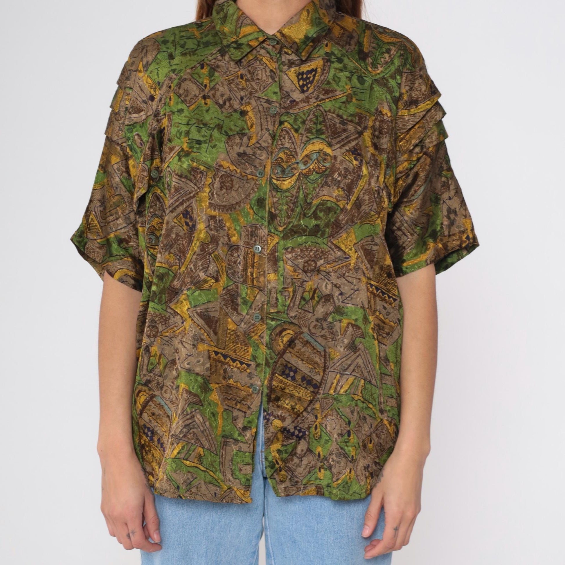 90s Geometric Button Up Shirt Brown Green Yellow Tropical Print Extra Large XL