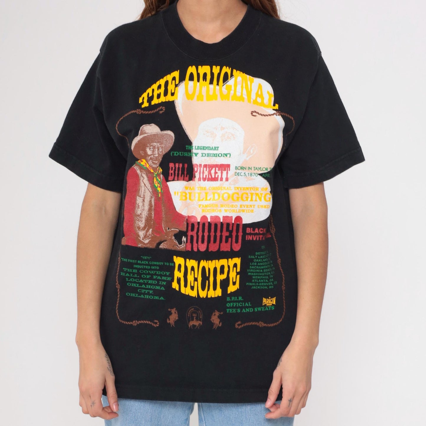90s Bill Pickett Rodeo Recipe Graphic T-Shirt Black Cotton Medium