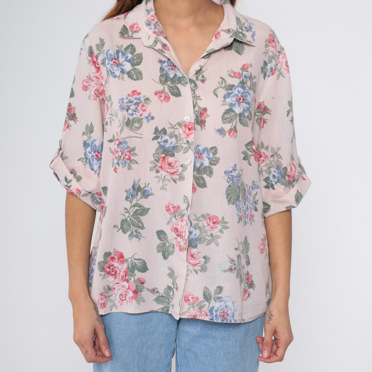 90s Beige Floral Button-Up Blouse Roll Tab Sleeve Flower Print Extra Large XL