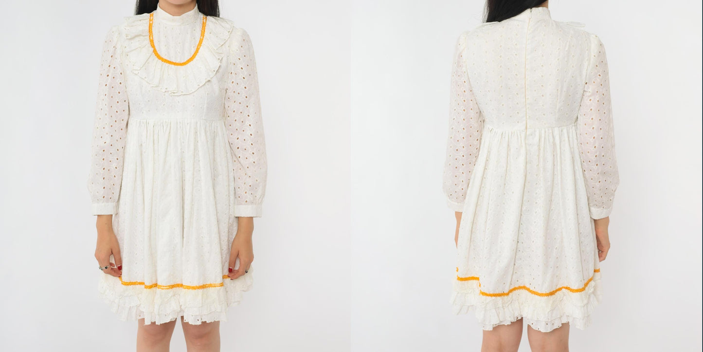 70s White Eyelet Lace Mini Dress Empire Waist Puff Sleeve Small