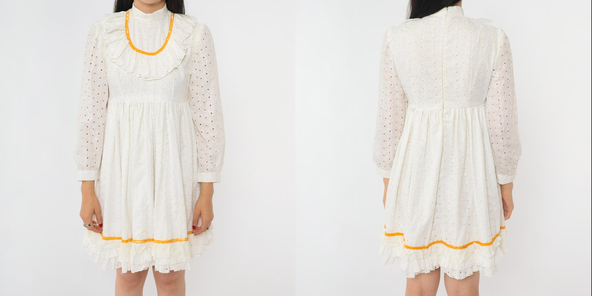 70s White Eyelet Lace Mini Dress Empire Waist Puff Sleeve Small