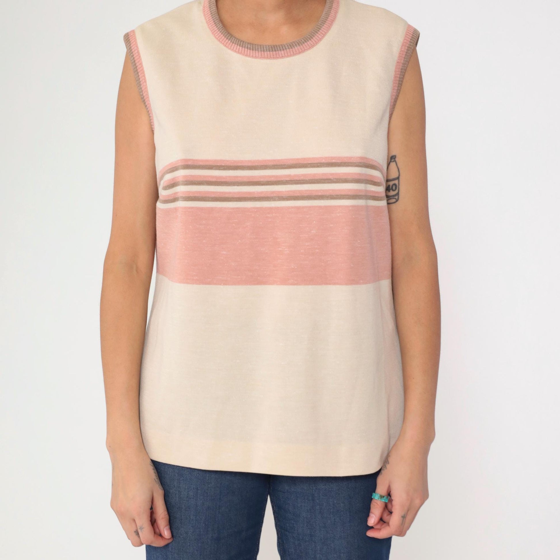 70s Striped Tank Top Cream Pink Ringer Neckline Sleeveless Medium Large