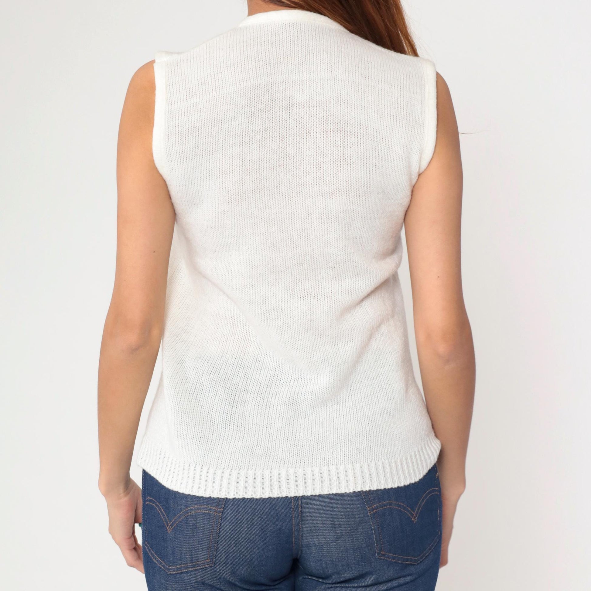 80s White Knit Sweater Vest V-Neck Button-Up Sleeveless Small S