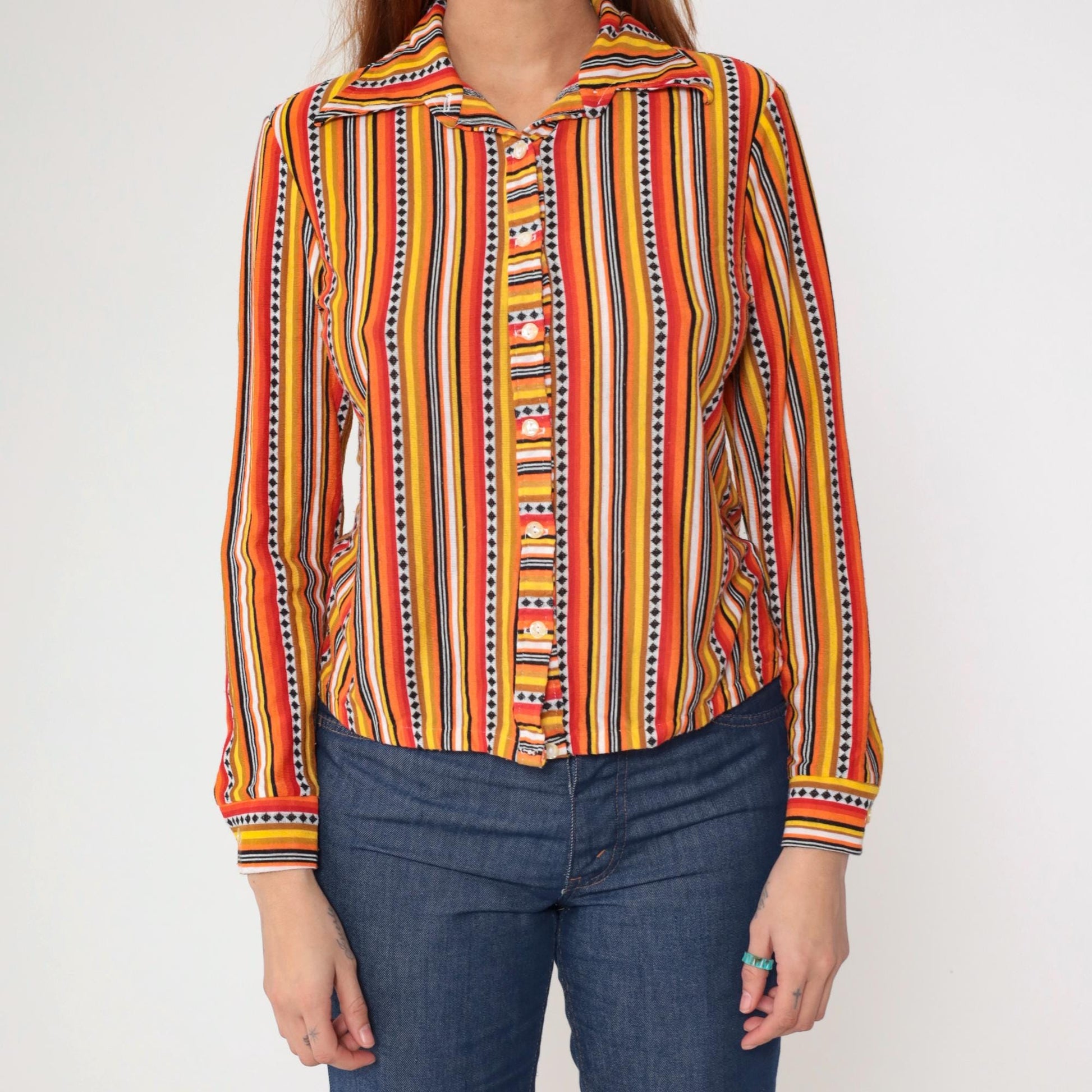 70s Orange Yellow Red Striped Button-Up Shirt Dagger Collar Long Sleeve Small