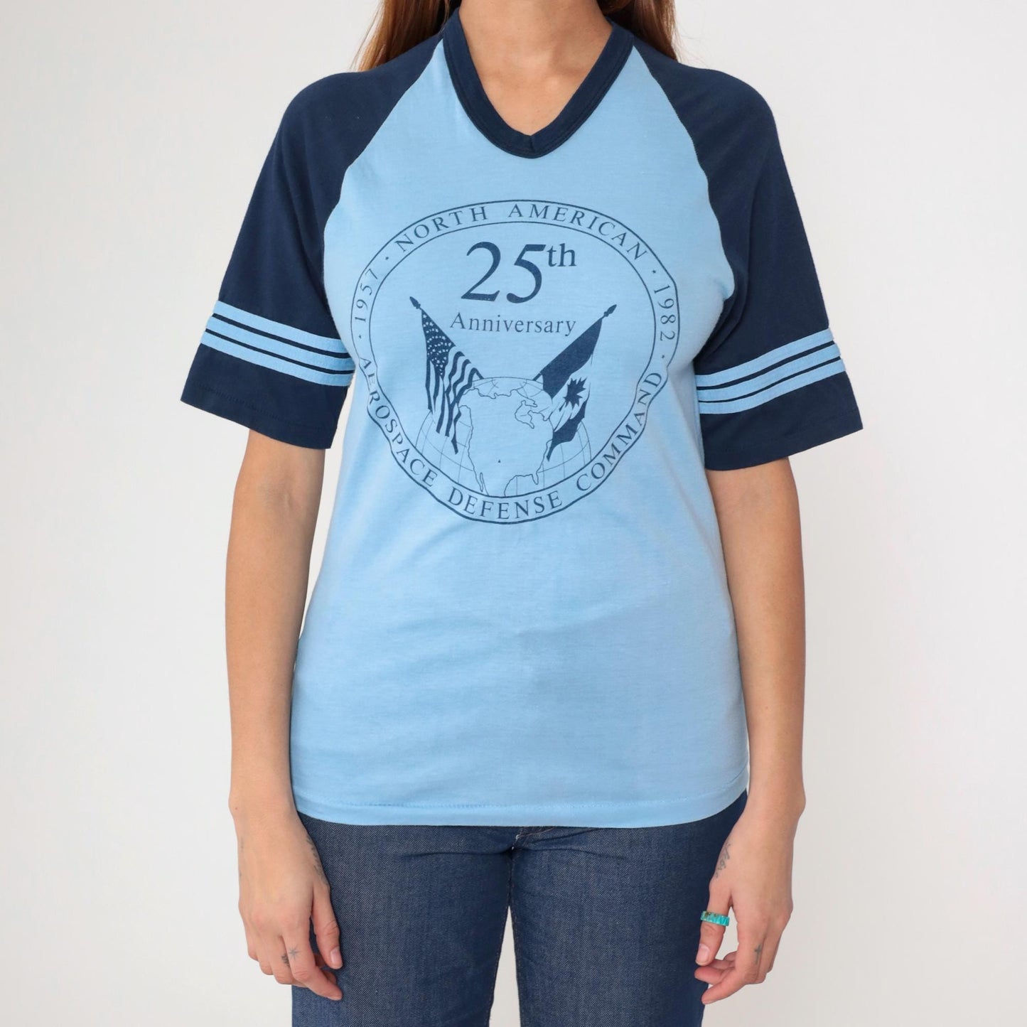 80s NORAD 1982 Anniversary Ringer T-Shirt Blue Graphic Tee Small