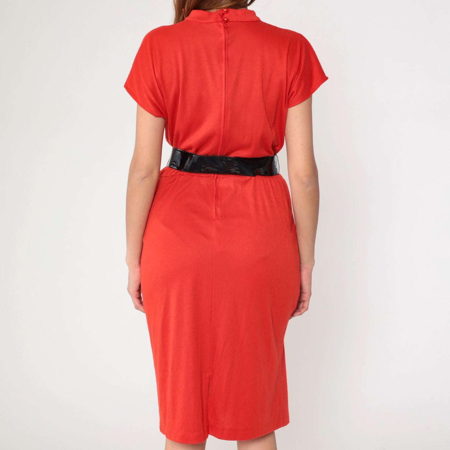 80s Red Pencil Dress with Black Patent Belt Mock Neck Medium M