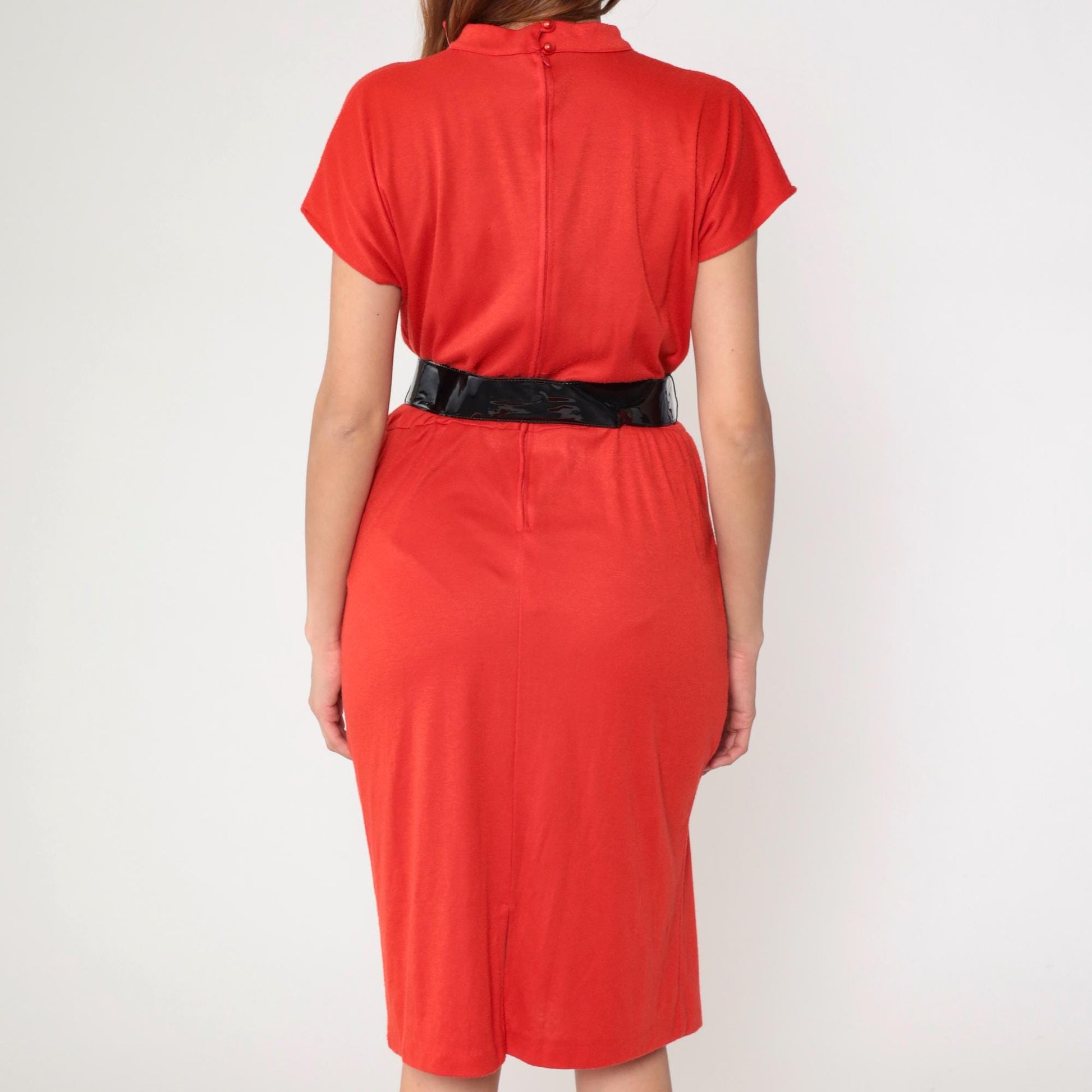80s Red Pencil Dress with Black Patent Belt Mock Neck Medium M