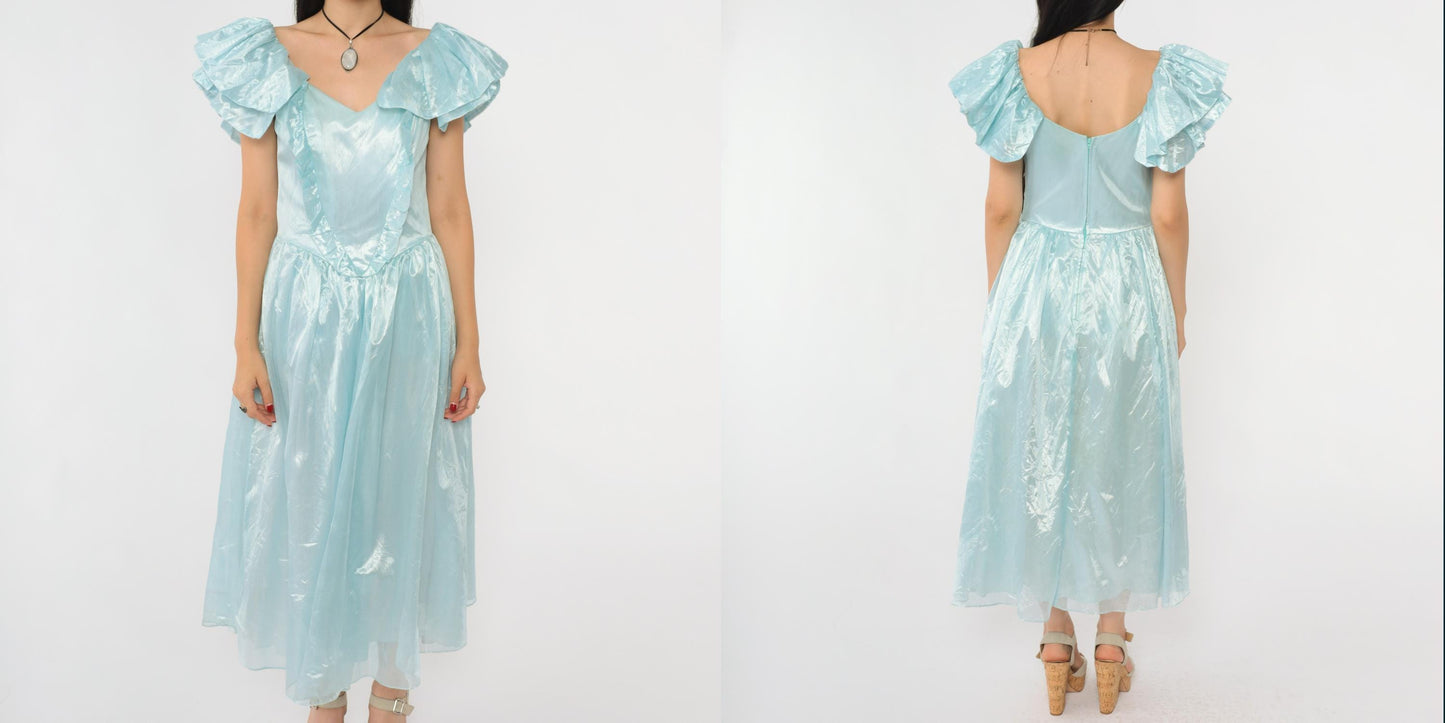 80s Blue Organza Midi Gown Sweetheart Neckline Flutter Sleeve Small