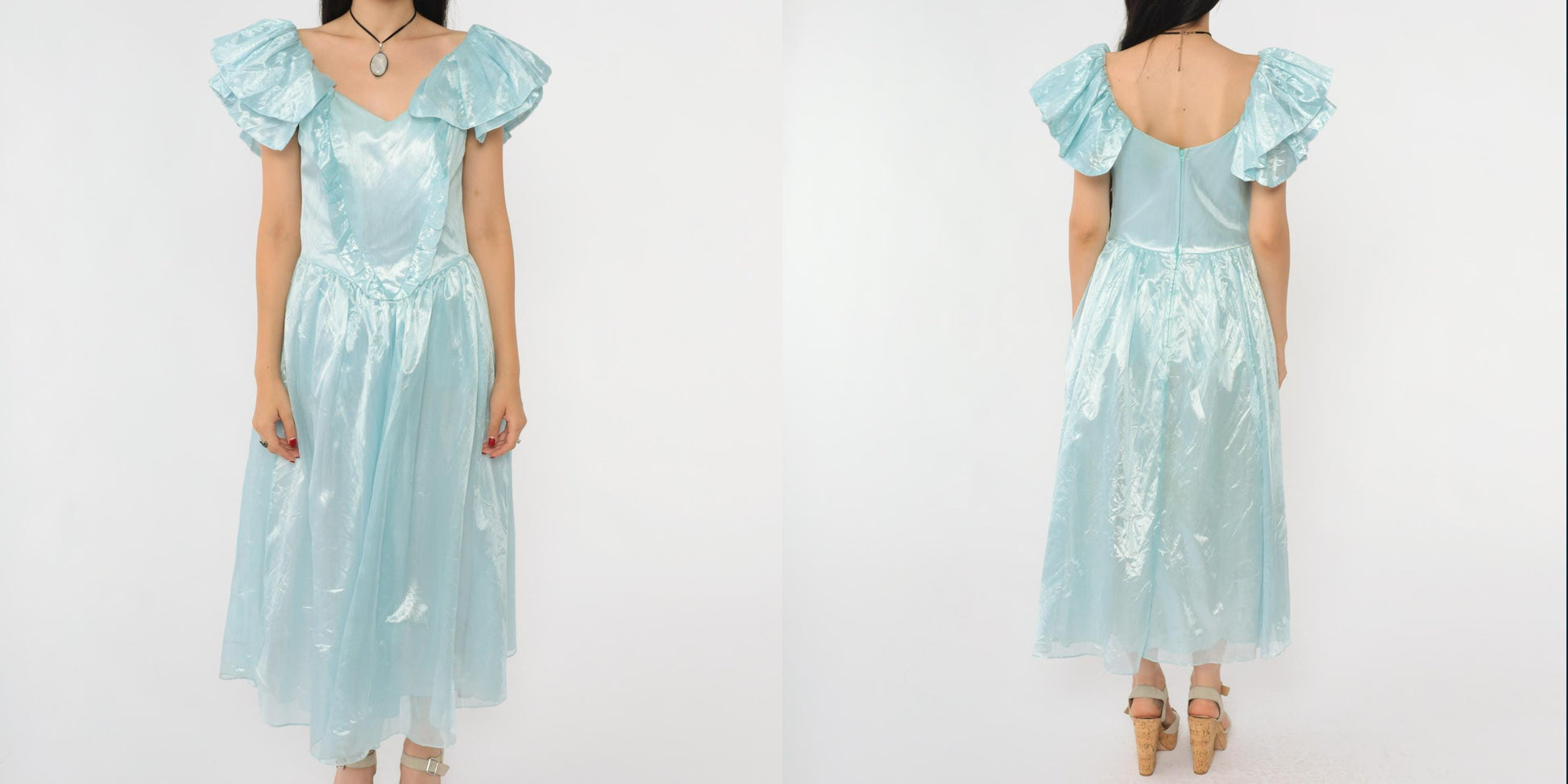 80s Blue Organza Midi Gown Sweetheart Neckline Flutter Sleeve Small