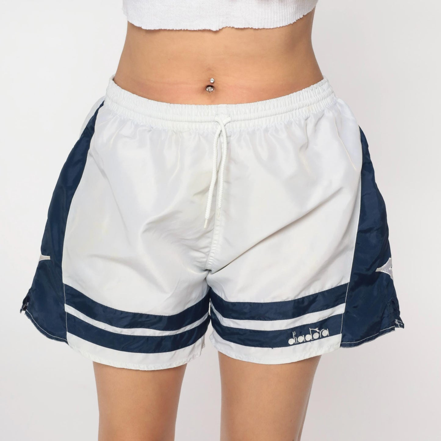 90s Diadora Soccer Shorts White Navy Nylon Athletic Track Large L