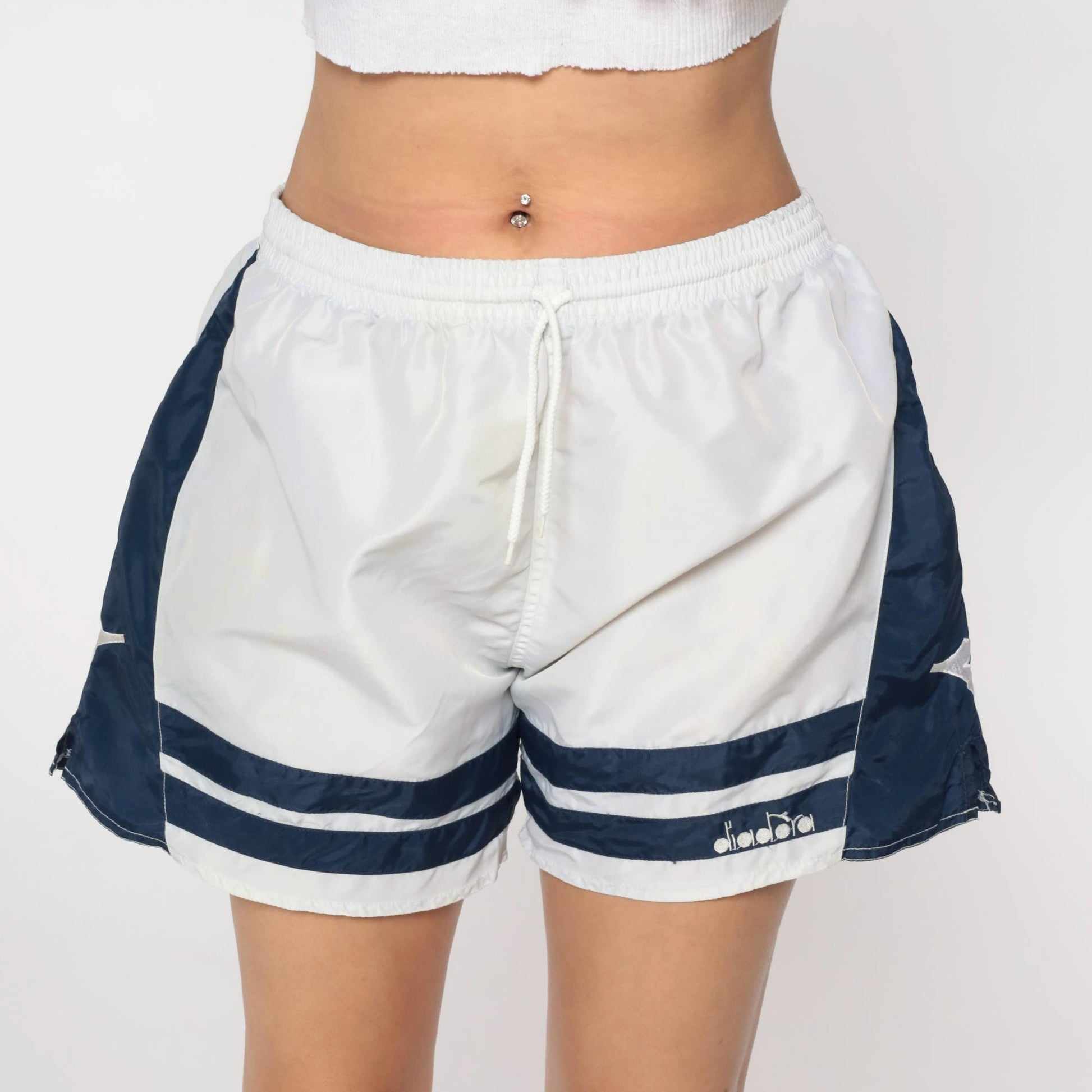 90s Diadora Soccer Shorts White Navy Nylon Athletic Track Large L
