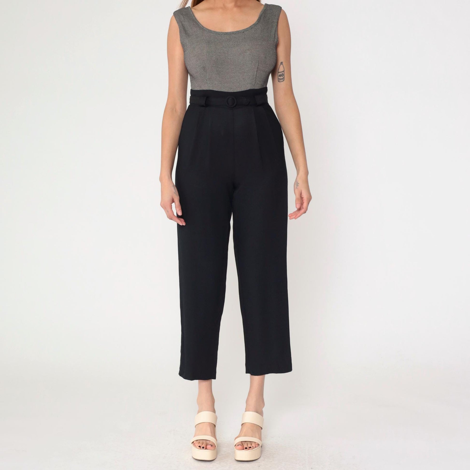 90s Black Jumpsuit Scoop Neck Sleeveless High Waist Straight Leg Small