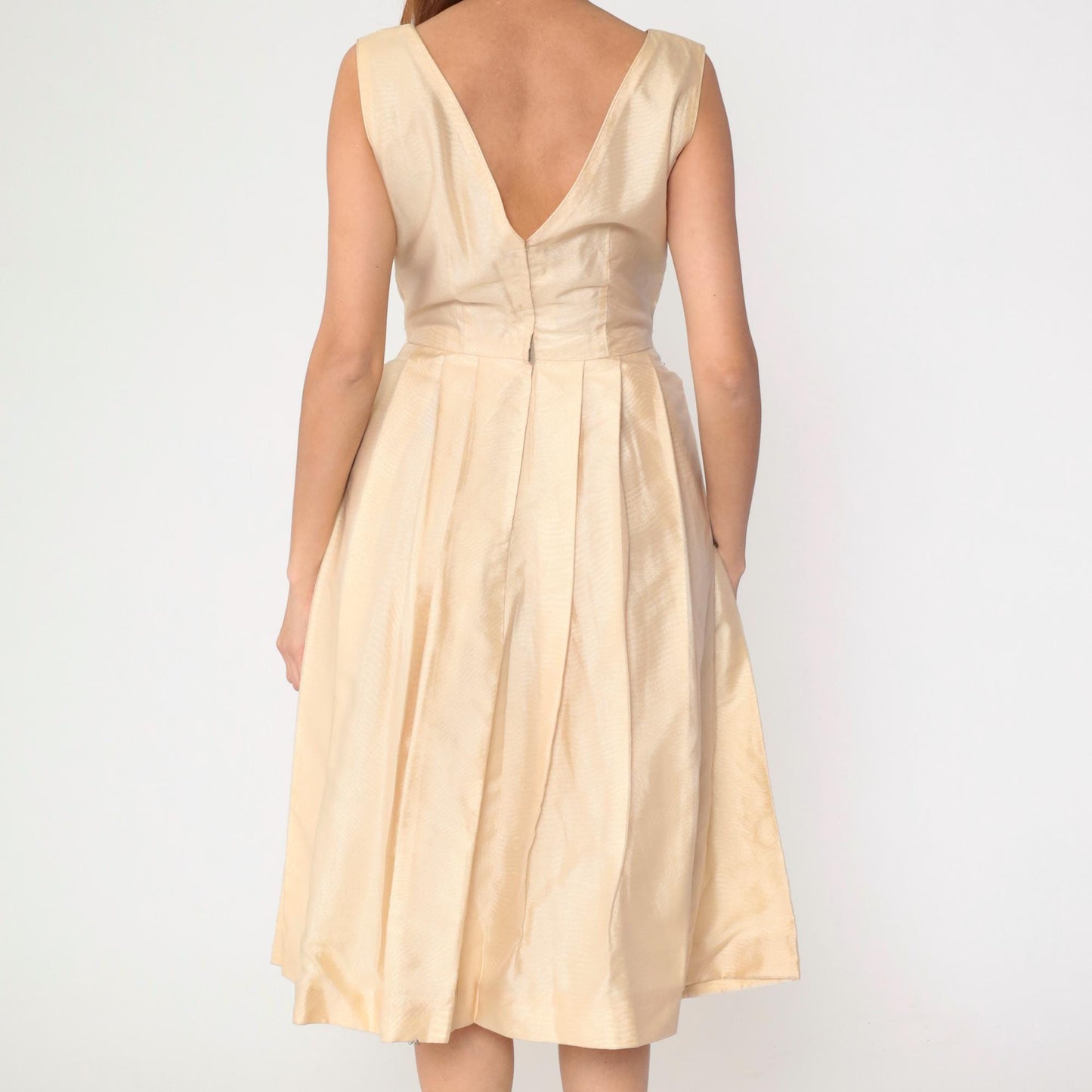 60s Cream Floral Beaded Midi Dress Velvet Appliqué High Waist Pleated Small