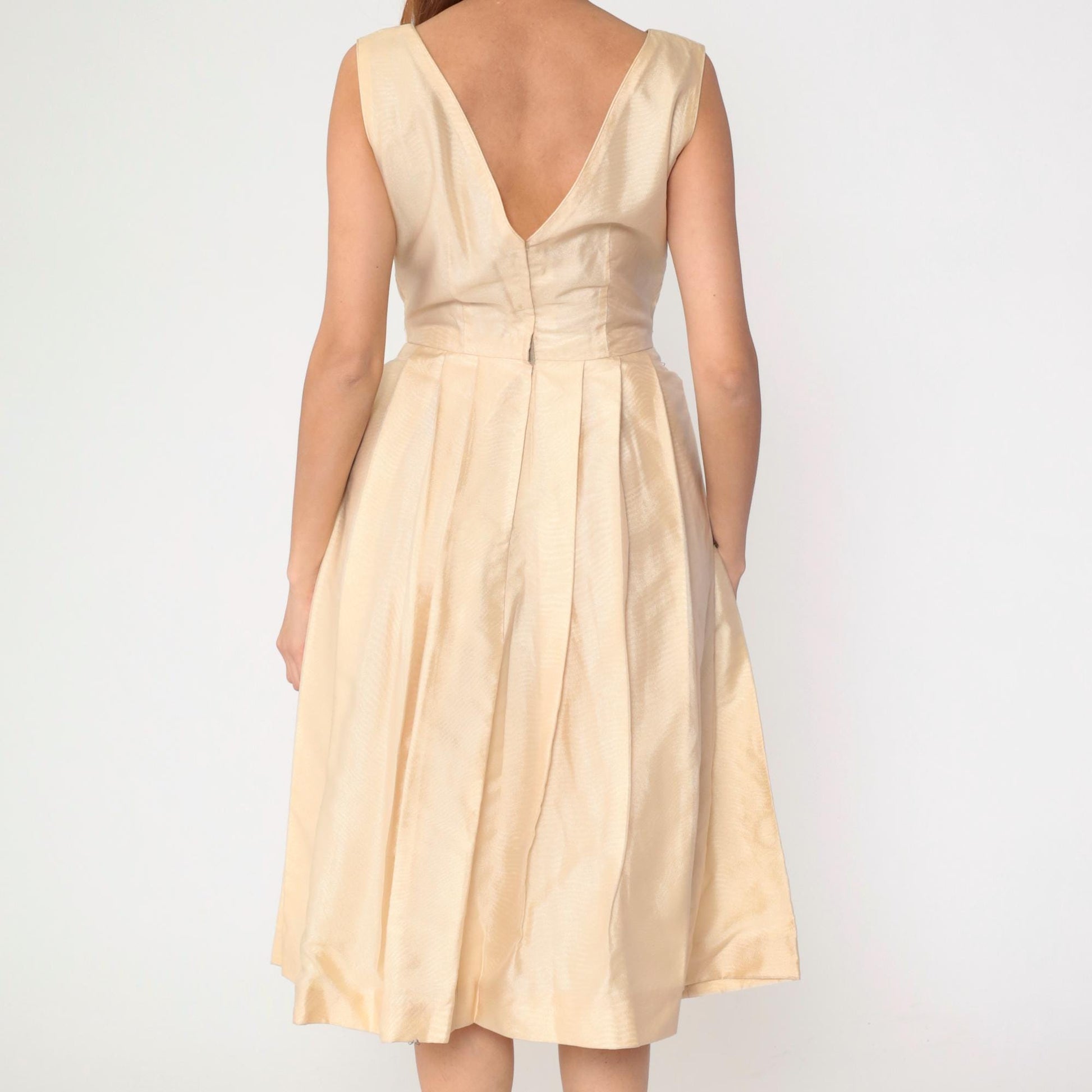 60s Cream Floral Beaded Midi Dress Velvet Appliqué High Waist Pleated Small