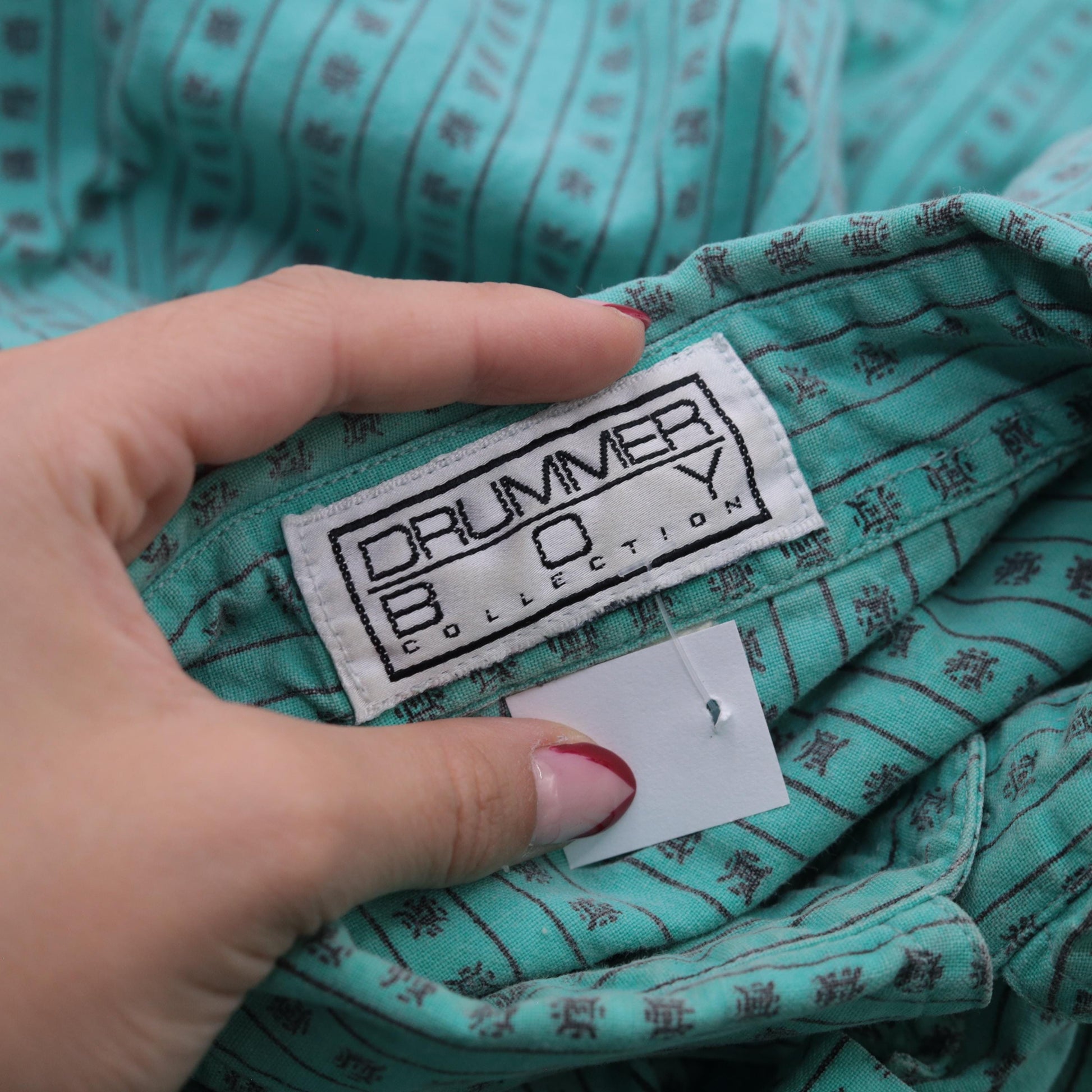 90s Green Striped Stamp Print Button-Up Shirt Boxy Fit Medium