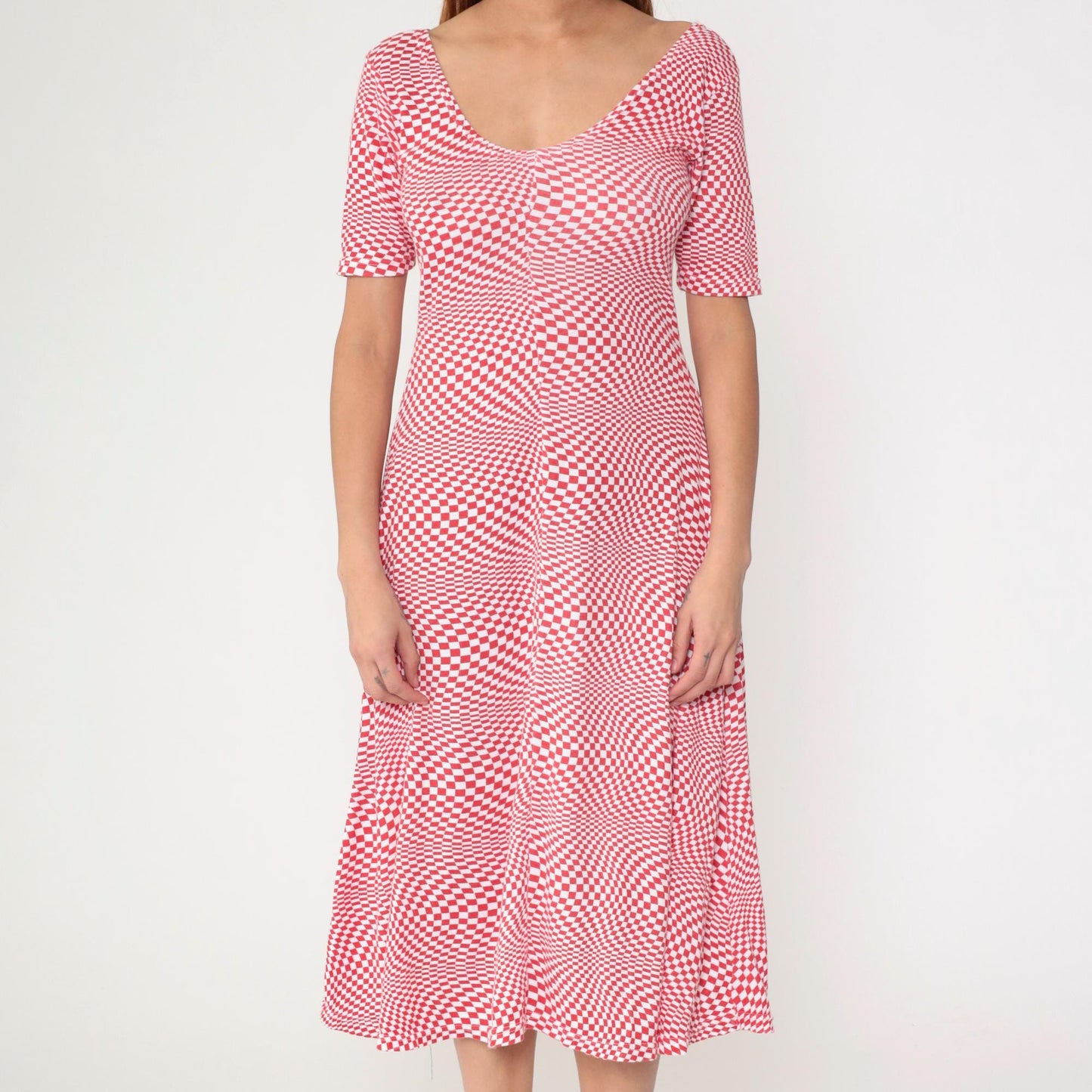 80s Op Art Red White Checkered Midi Dress Scoop Neck Fit Flare Medium Large