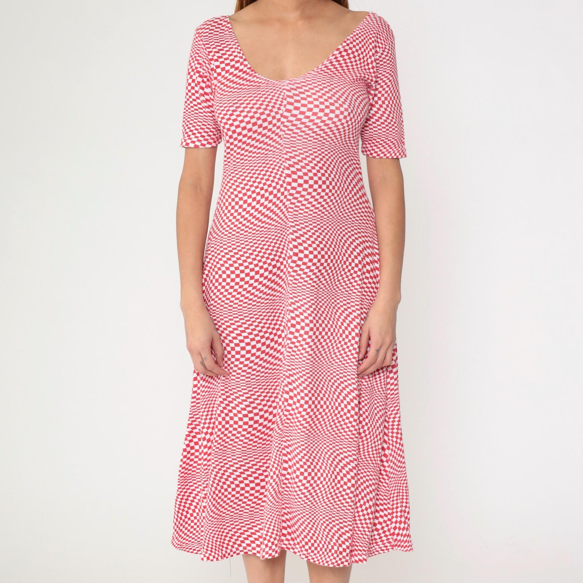80s Op Art Red White Checkered Midi Dress Scoop Neck Fit Flare Medium Large