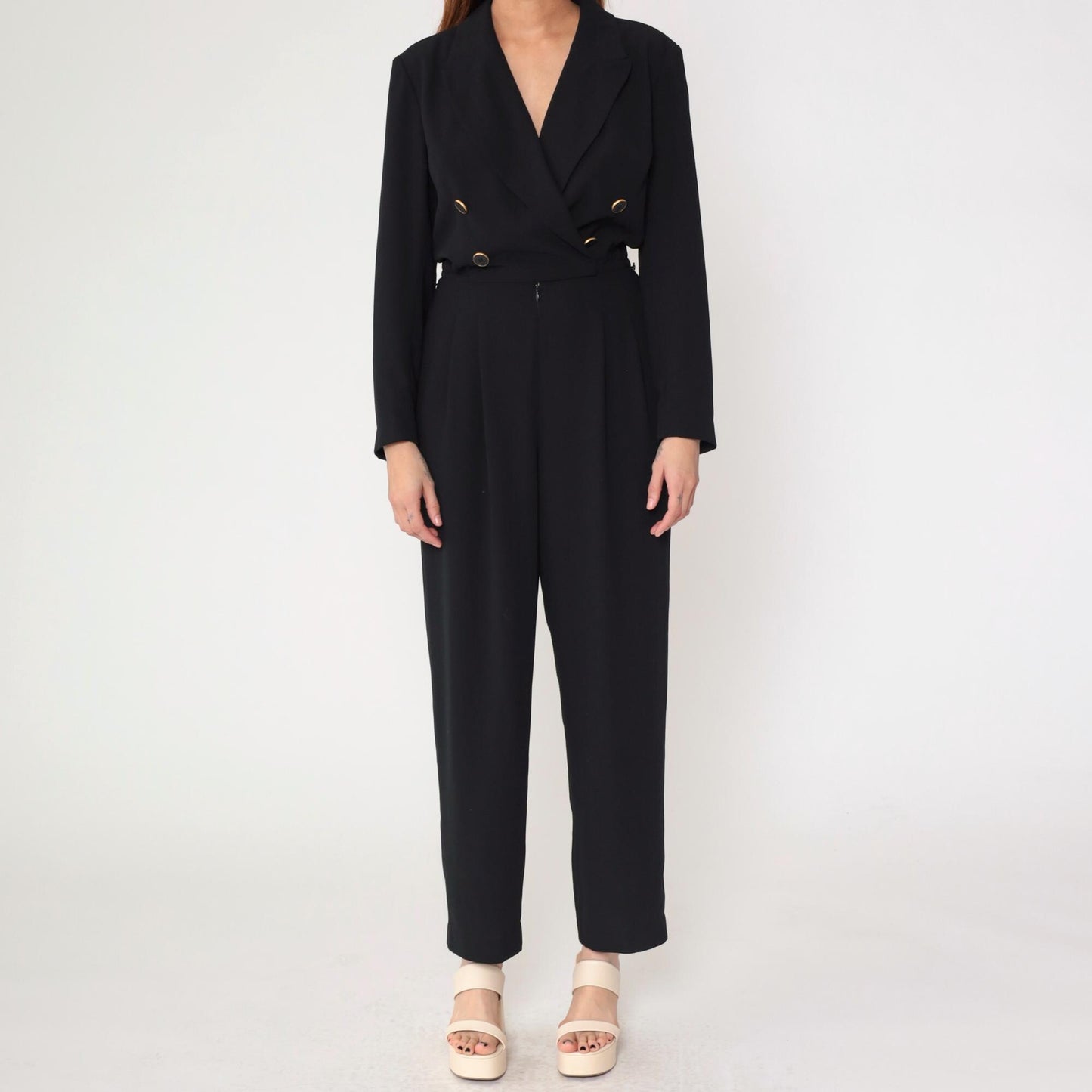 90s Liz Claiborne Black Double Breasted Jumpsuit Long Sleeve Small