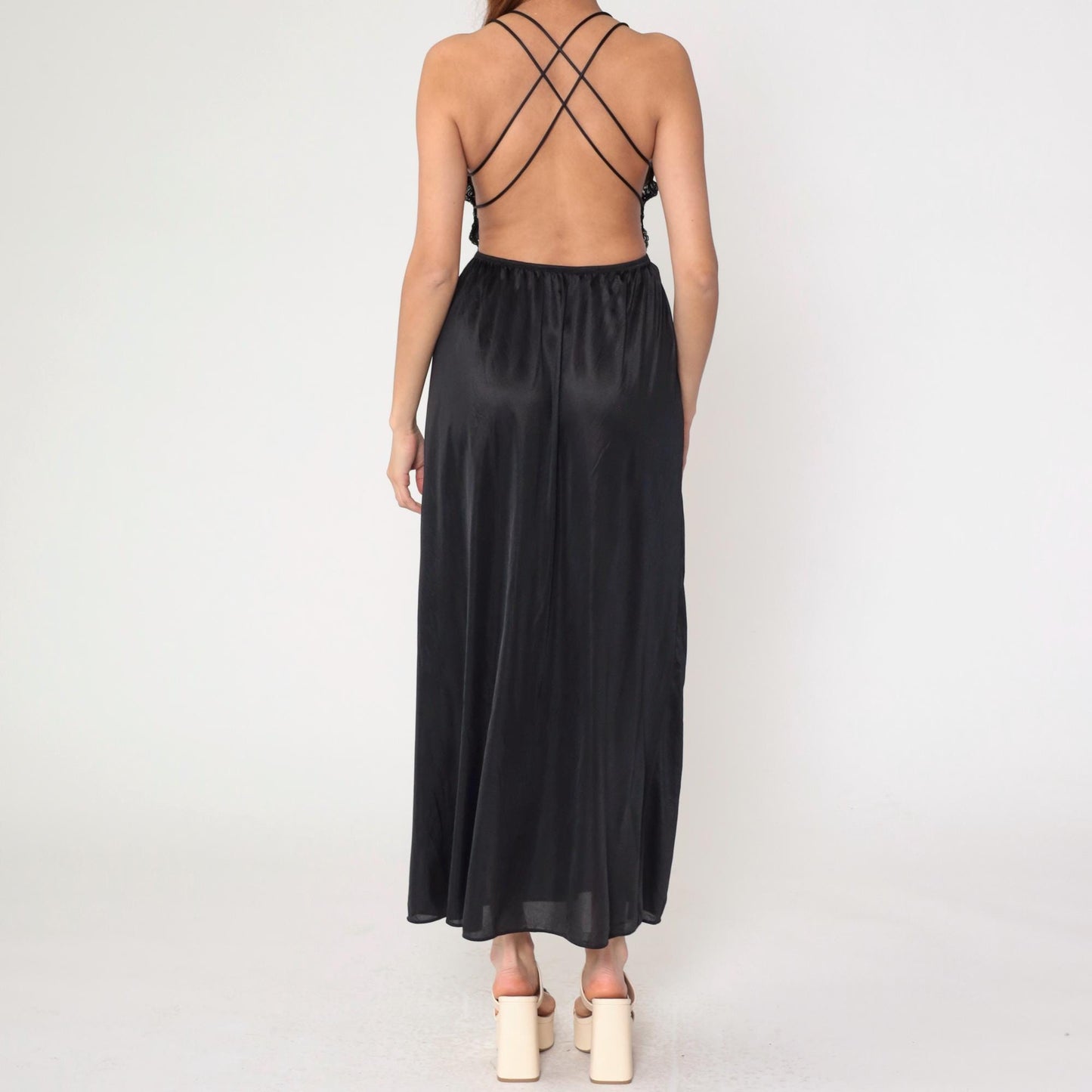 80s Black Lace Nylon Slip Dress Maxi Sweetheart Neckline Spaghetti Strap Small