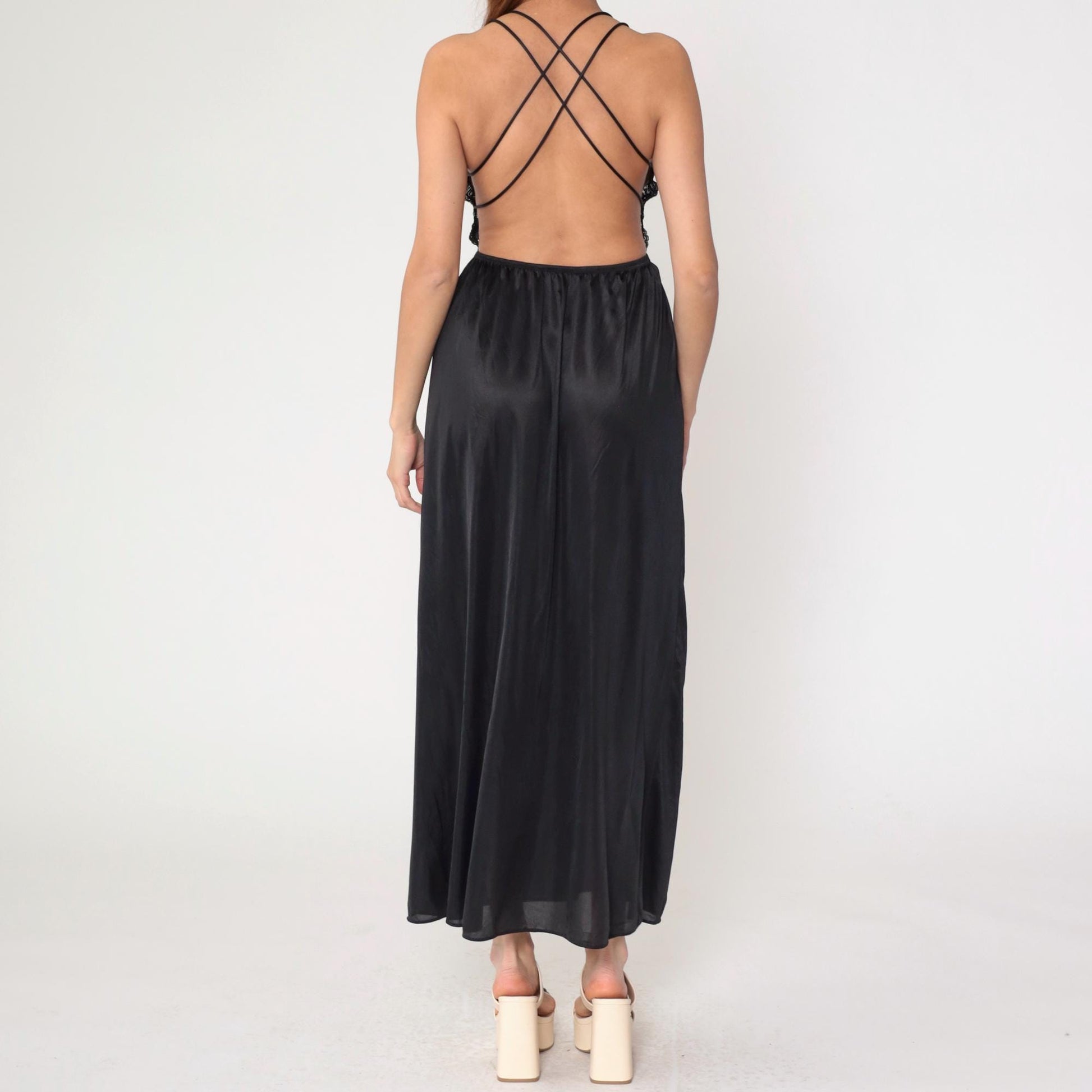 80s Black Lace Nylon Slip Dress Maxi Sweetheart Neckline Spaghetti Strap Small
