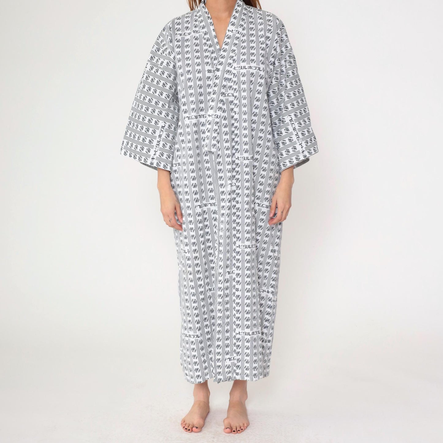 80s Japanese Yukata Robe Hotel Logo Print Blue White Geometric Maxi One Size