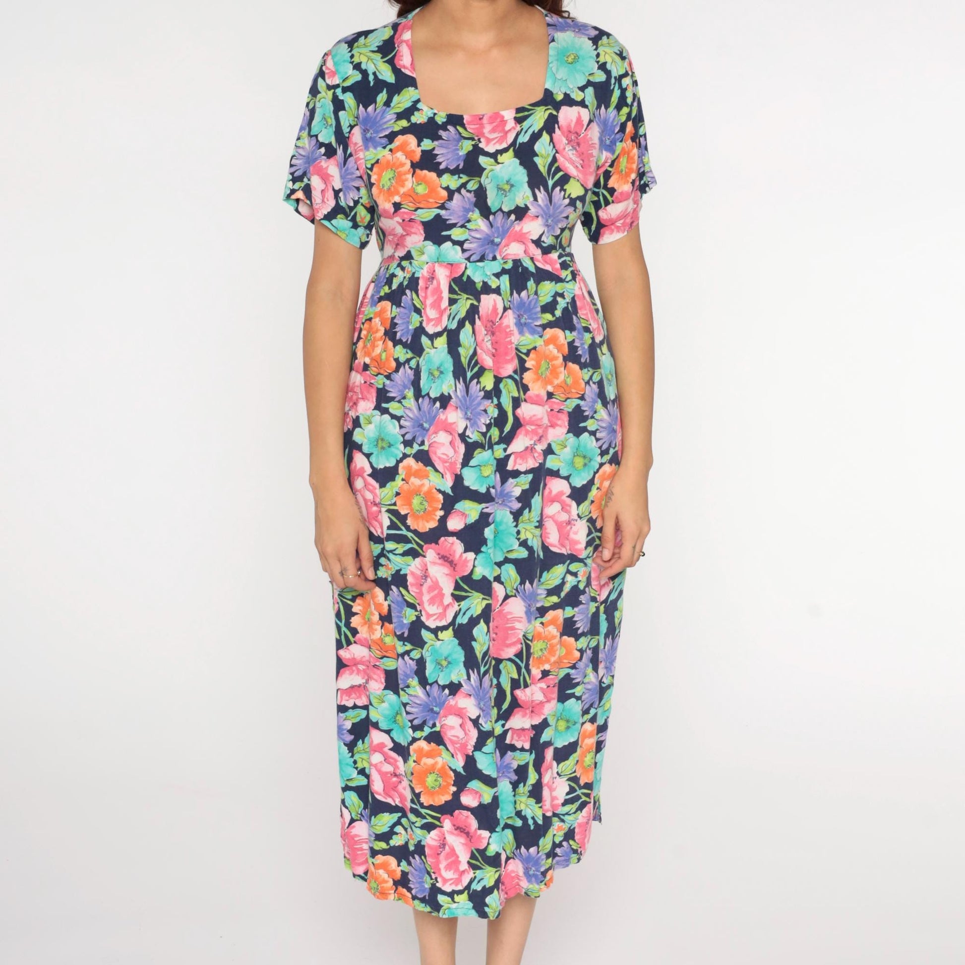 90s Diane Von Furstenberg Floral Empire Waist Midi Dress Navy Square Neck Extra Small