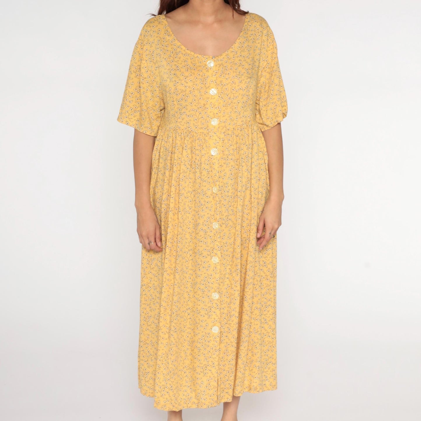 90s Yellow Floral Button-Up Shirtdress Rayon Maxi Ankle Length Medium