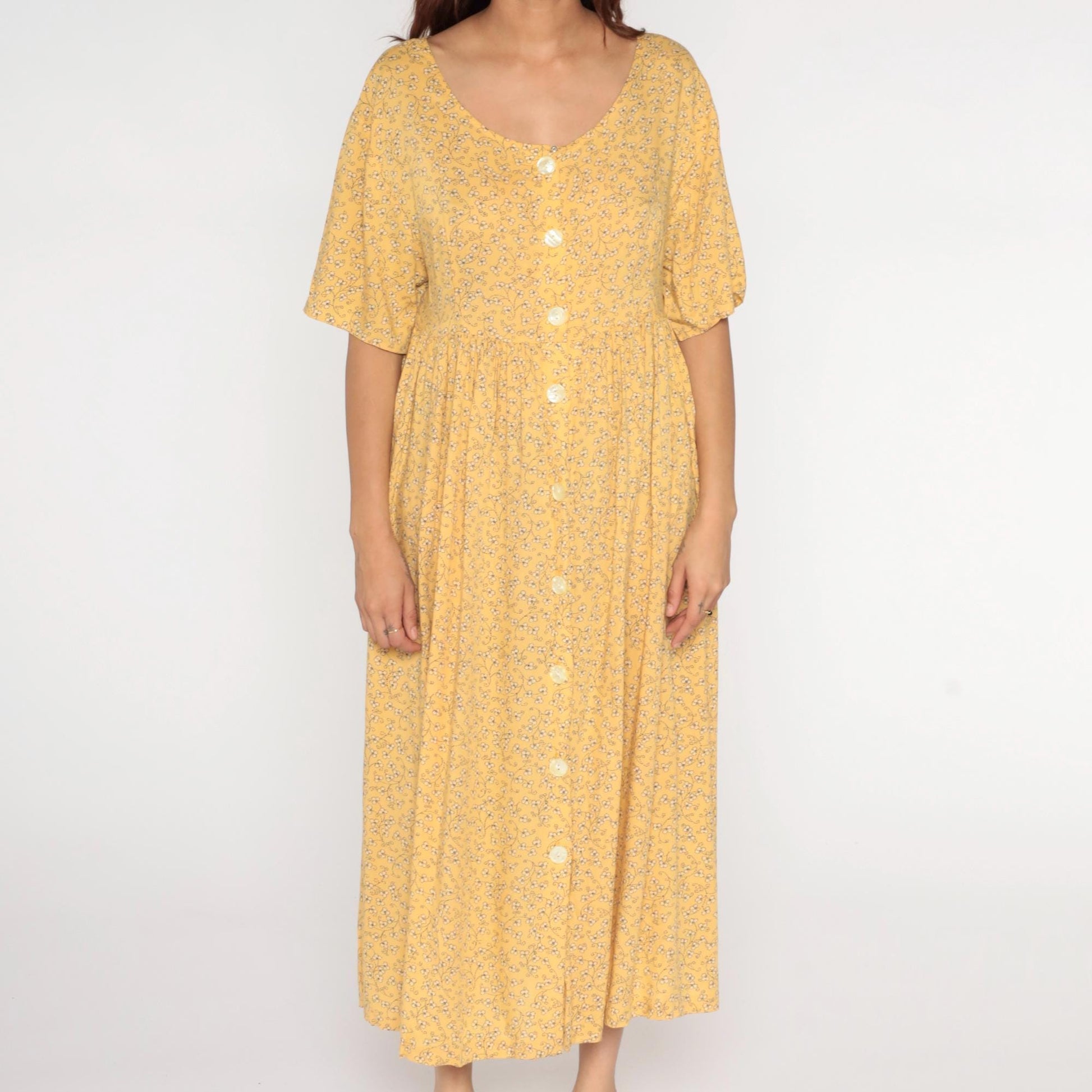 90s Yellow Floral Button-Up Shirtdress Rayon Maxi Ankle Length Medium