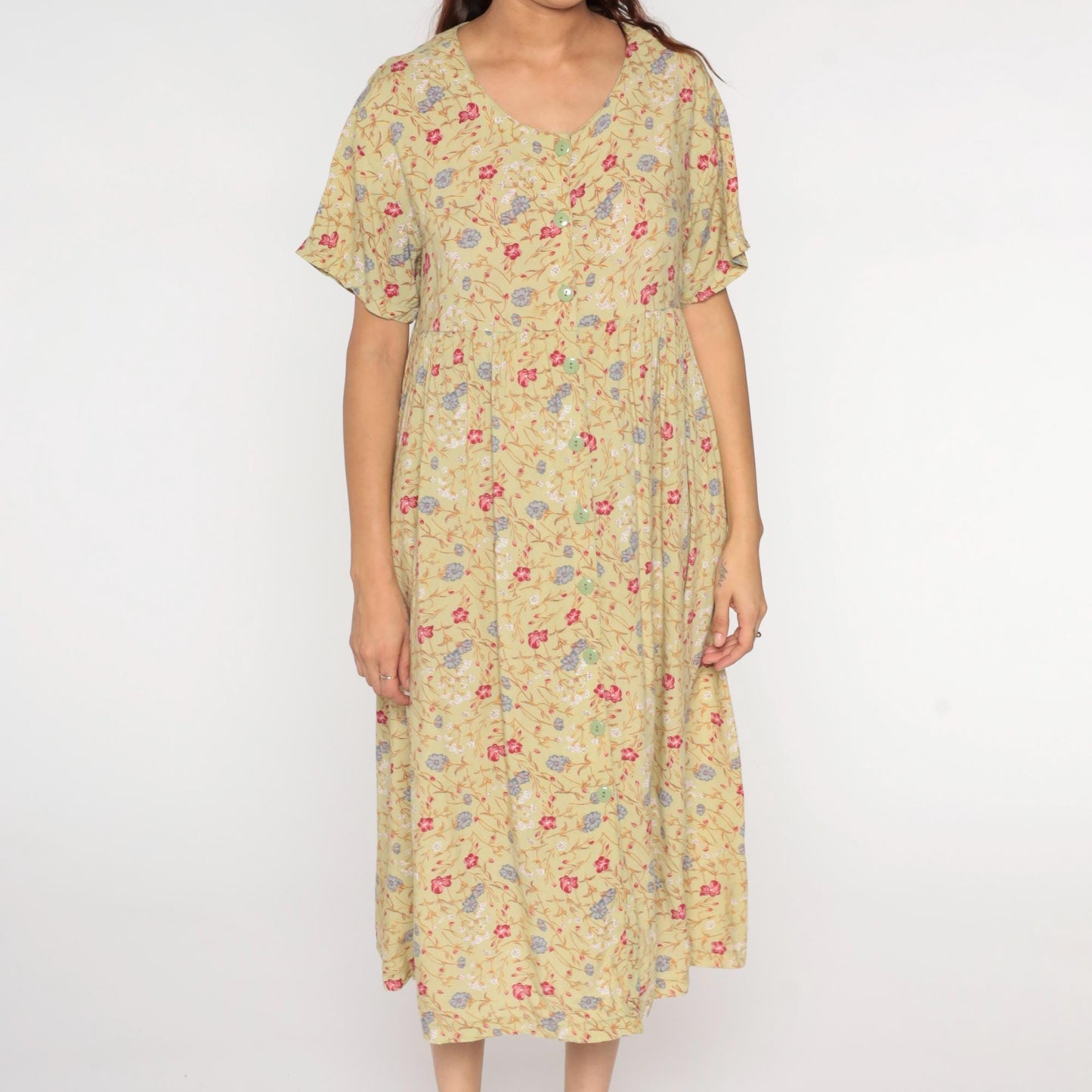 90s Sostanza Floral Button-Up Midi Dress Avocado Green High Waist Medium Large
