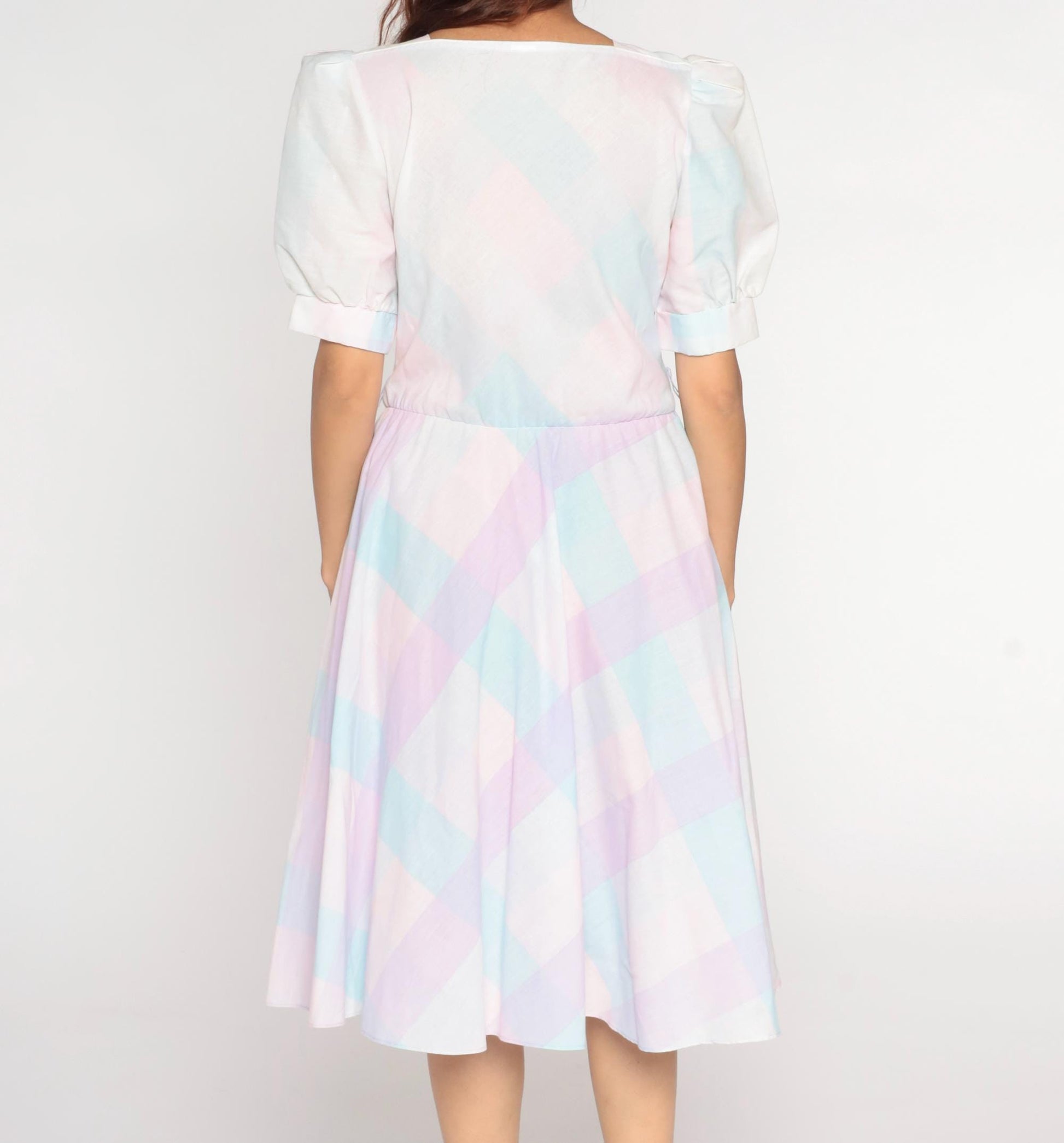 80s Pastel Checkered Puff Sleeve Midi Dress High Waist Pink Purple Blue Medium M