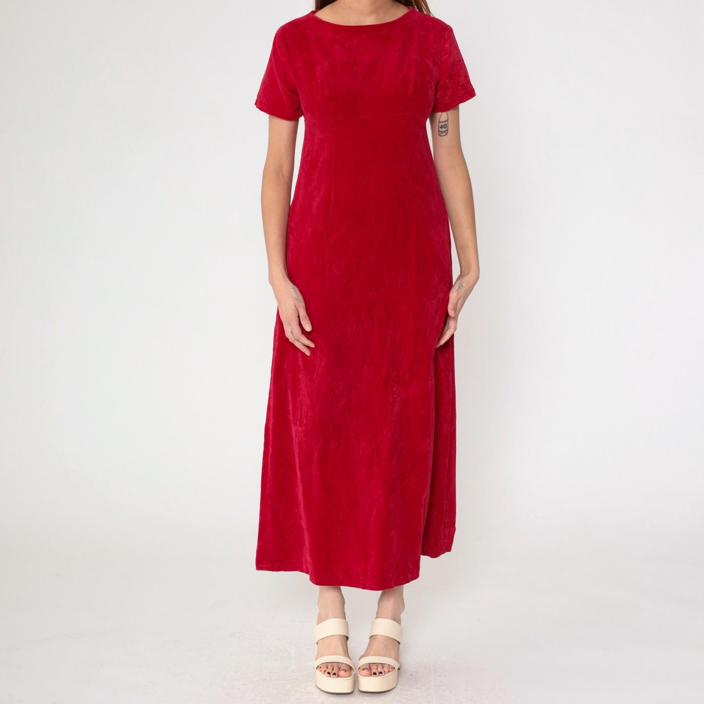 60s Red Velvet Maxi Dress Empire Waist Short Sleeve Small