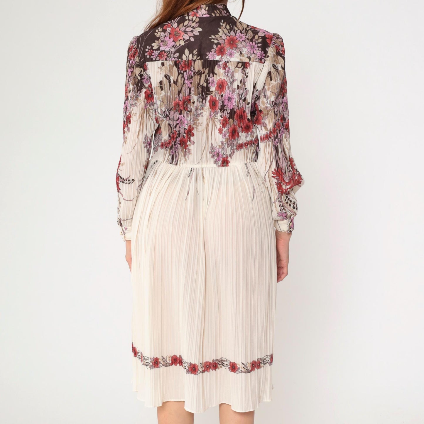 70s Off-White Floral Midi Shirtdress Knife Pleated High Waist Long Sleeve Small Medium