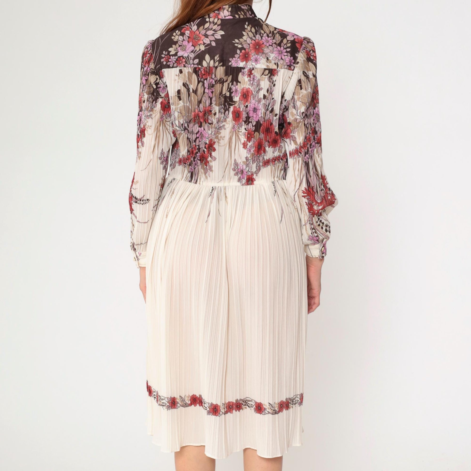 70s Off-White Floral Midi Shirtdress Knife Pleated High Waist Long Sleeve Small Medium