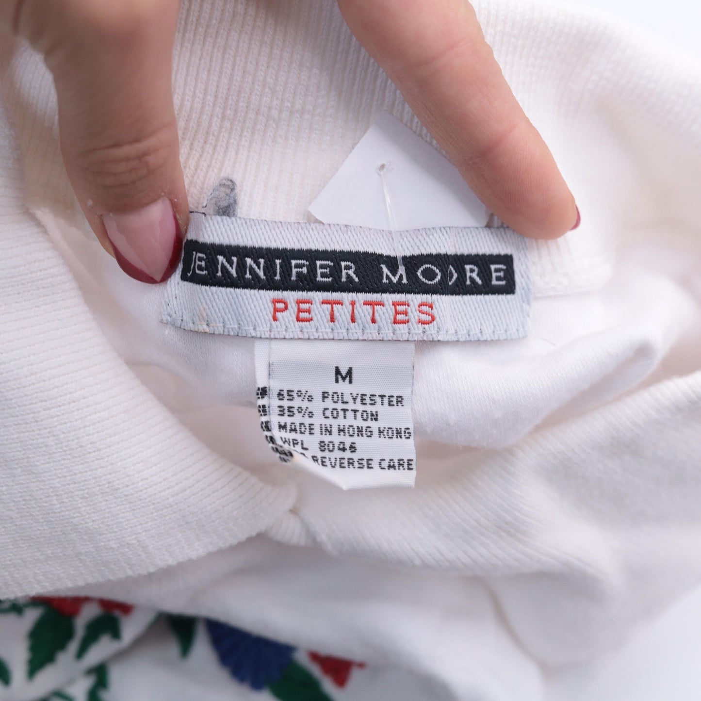 90s Jennifer Moore Petites Floral Embroidered Collared T-Shirt White Medium
