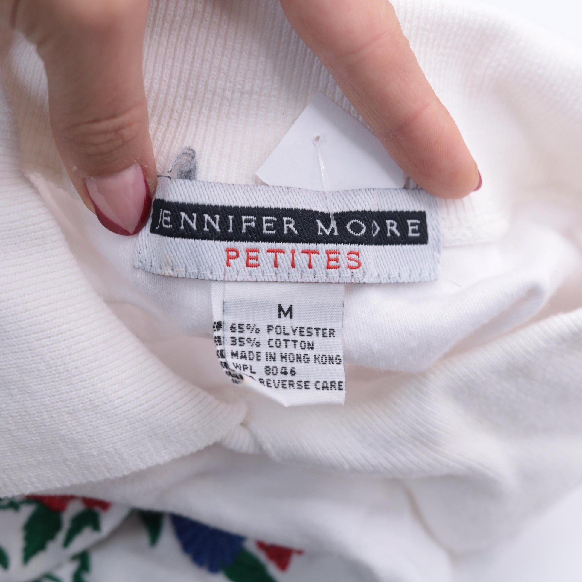 90s Jennifer Moore Petites Floral Embroidered Collared T-Shirt White Medium