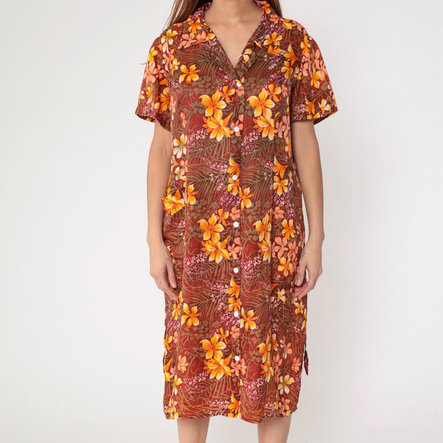 70s Floral Hawaiian Shift Dress Orange Tropical Button-Up Midi Extra Large