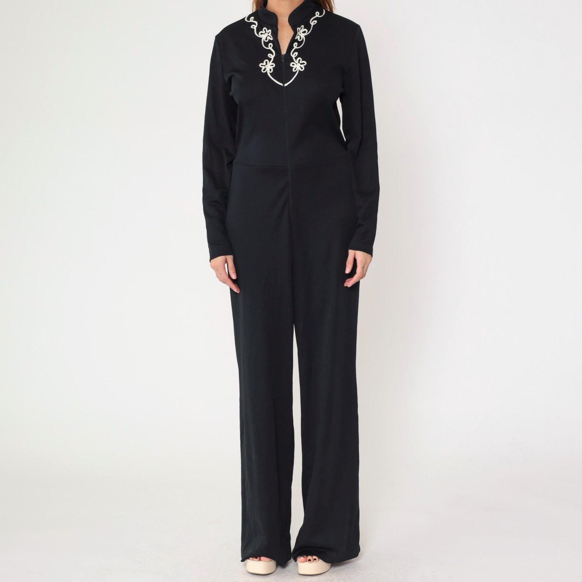 70s Black Jumpsuit White Floral Soutache Trim Straight Leg Long Sleeve Medium Large