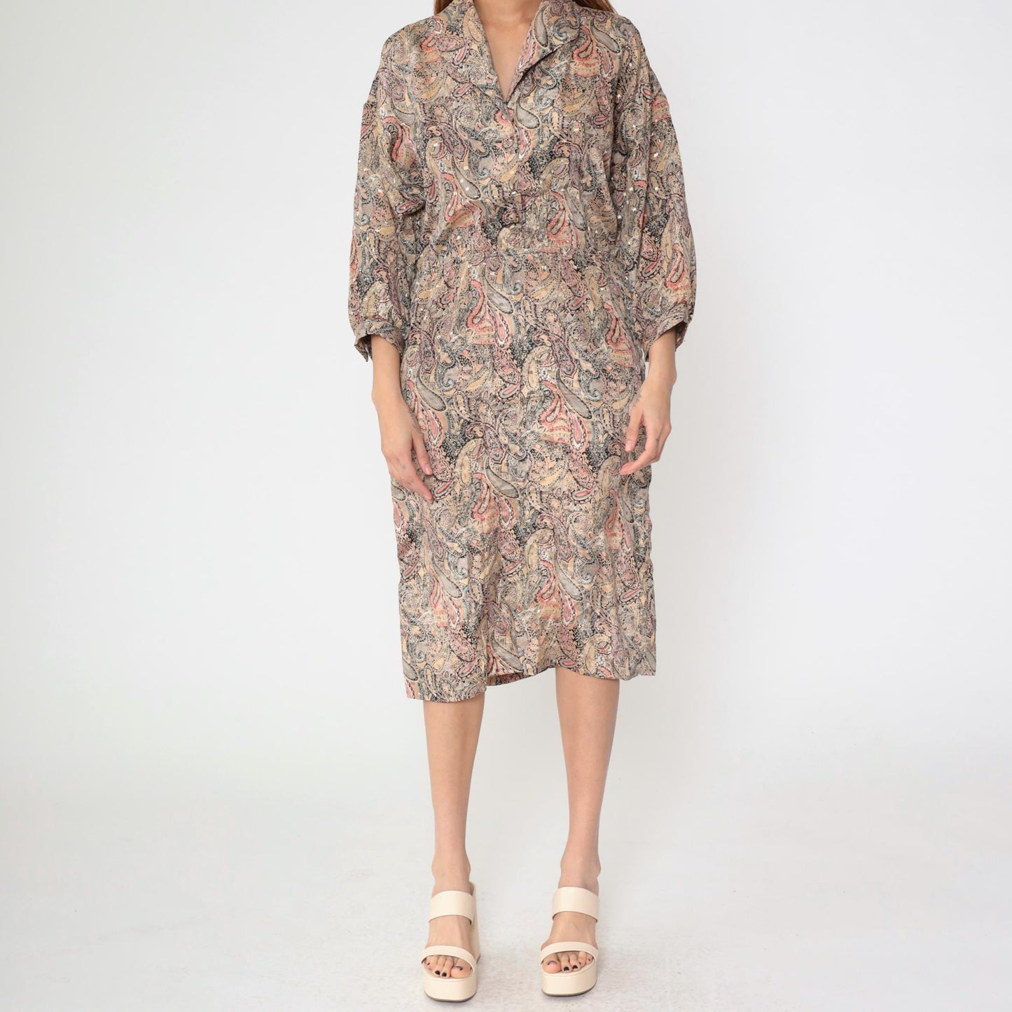 80s The Jones Girl Paisley Midi Dress High Waist Button Up Beige Medium