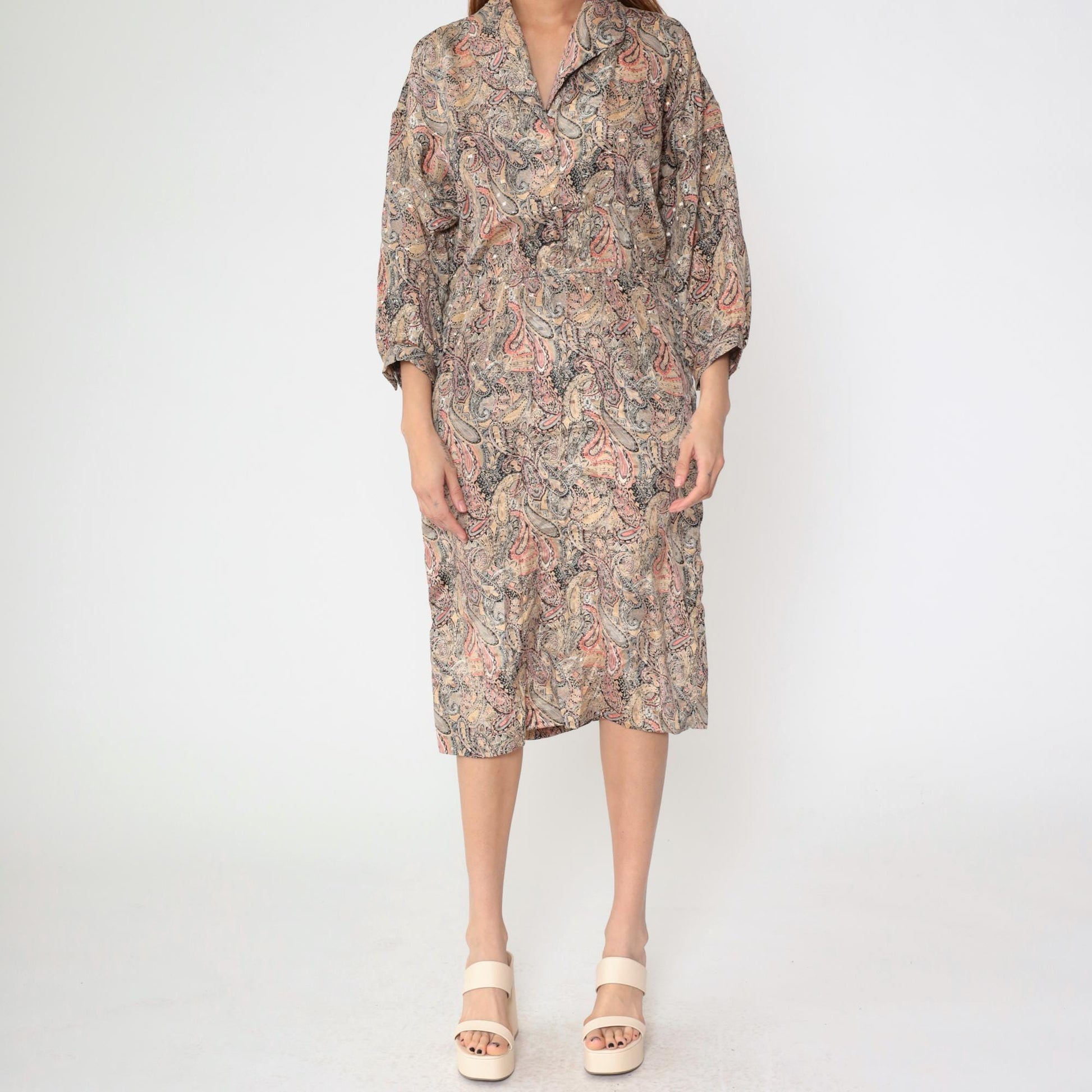 80s The Jones Girl Paisley Midi Dress High Waist Button Up Beige Medium