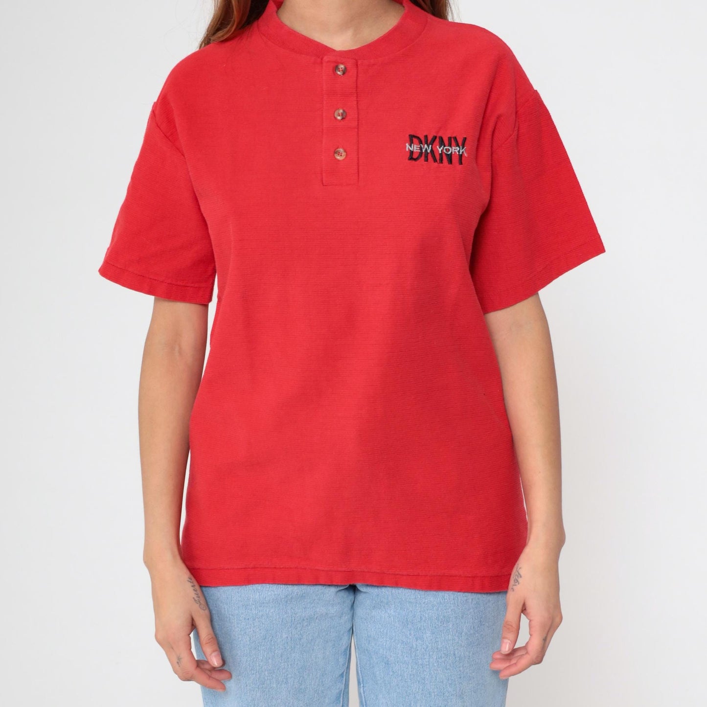 90s DKNY Henley Shirt Red Cotton Short Sleeve Button Up Medium M