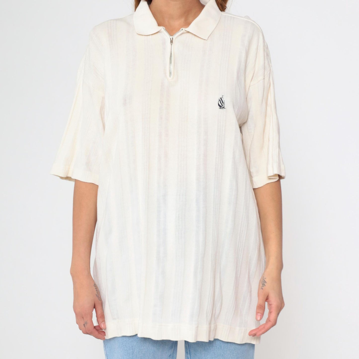 90s Nautica Quarter Zip Sailboat Shirt Off-White Ribbed Cotton Medium M