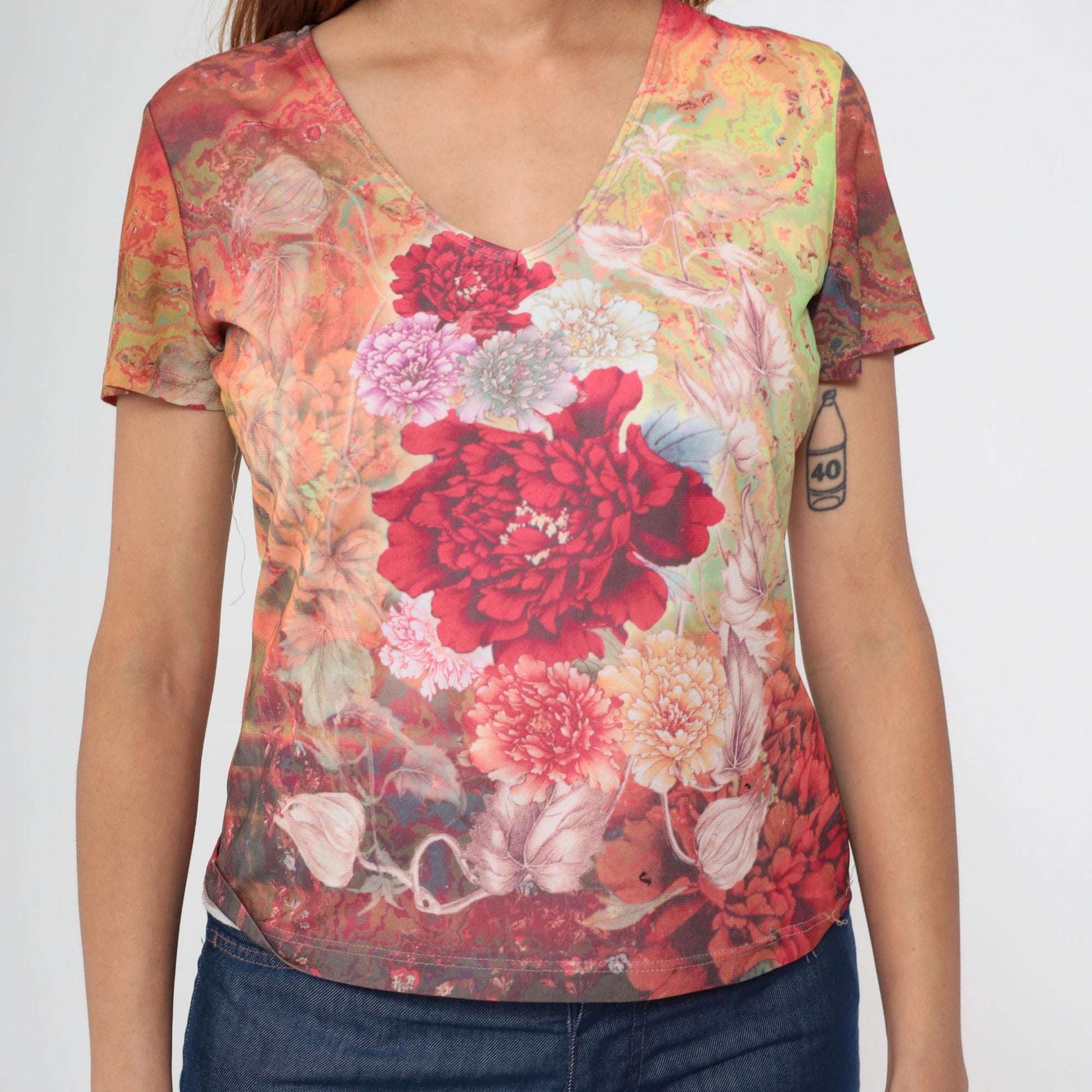 Y2K Floral Graphic V-Neck Blouse Short Sleeve Fitted Top Medium M