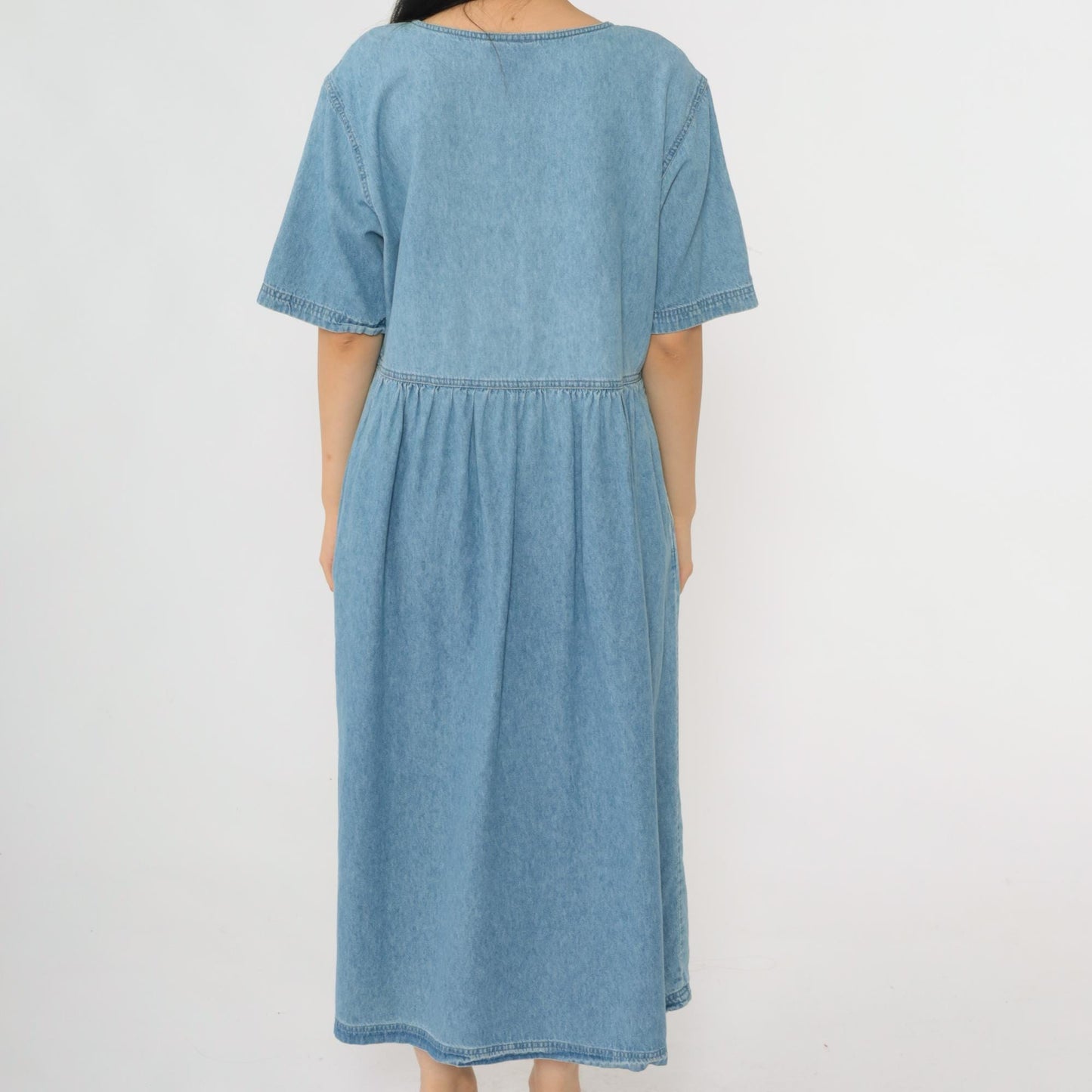 90s Mizz Lizz Blue Denim Midi Shirtdress Gathered Waist Medium M