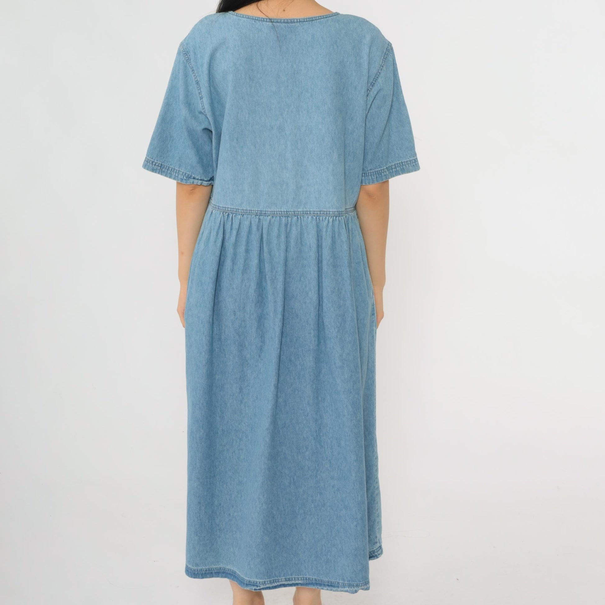 90s Mizz Lizz Blue Denim Midi Shirtdress Gathered Waist Medium M