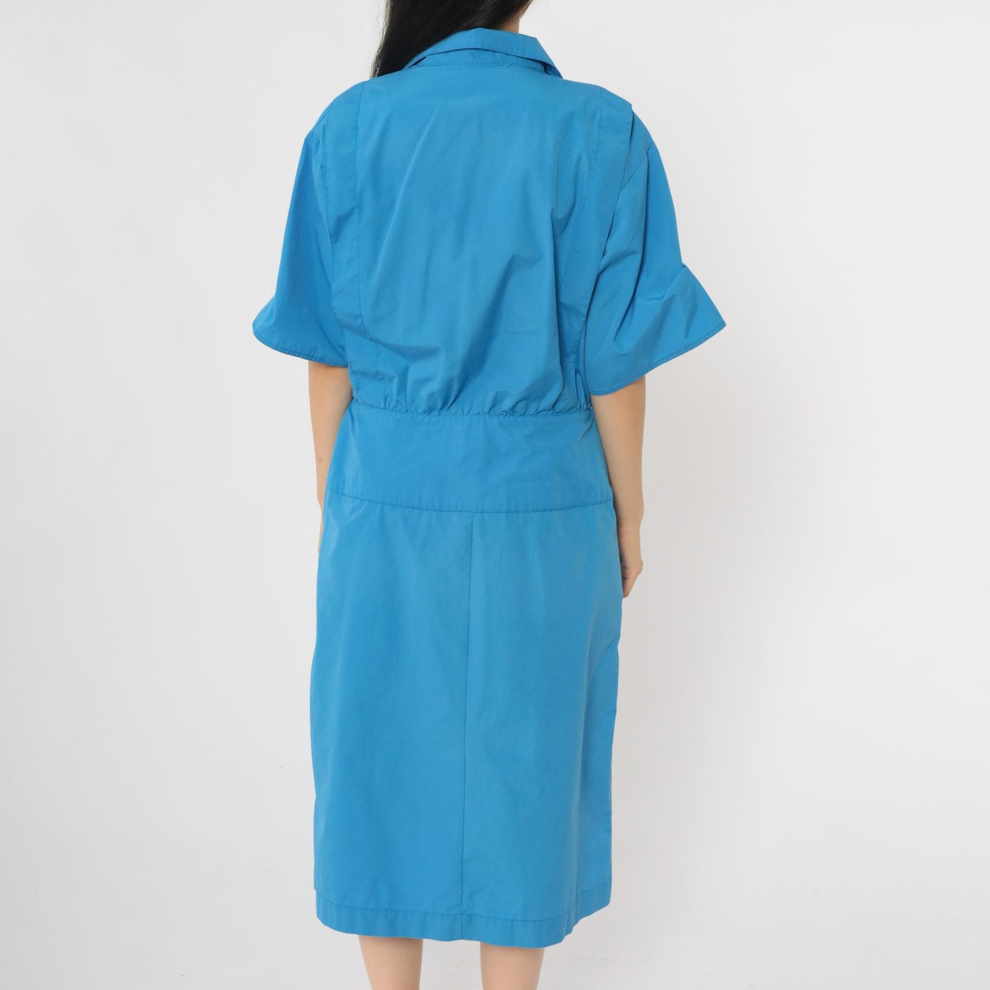 80s Blue Midi Shirt Dress Chest Pockets Half Sleeve Collared Medium