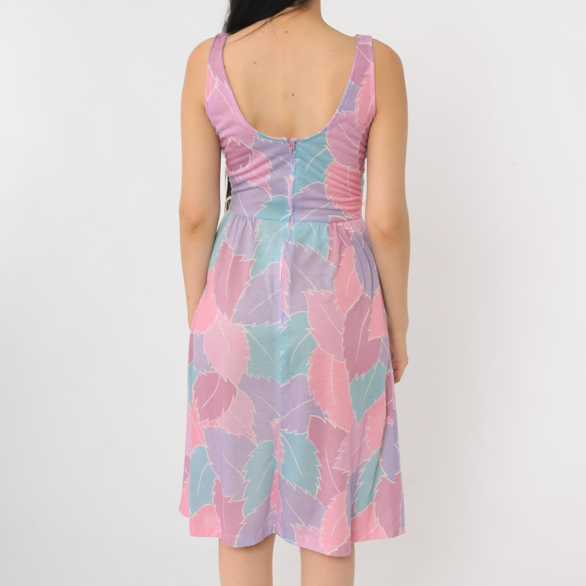 80s Pastel Leaf Print Midi Sundress Purple Pink High Waist Spaghetti Strap Extra Small