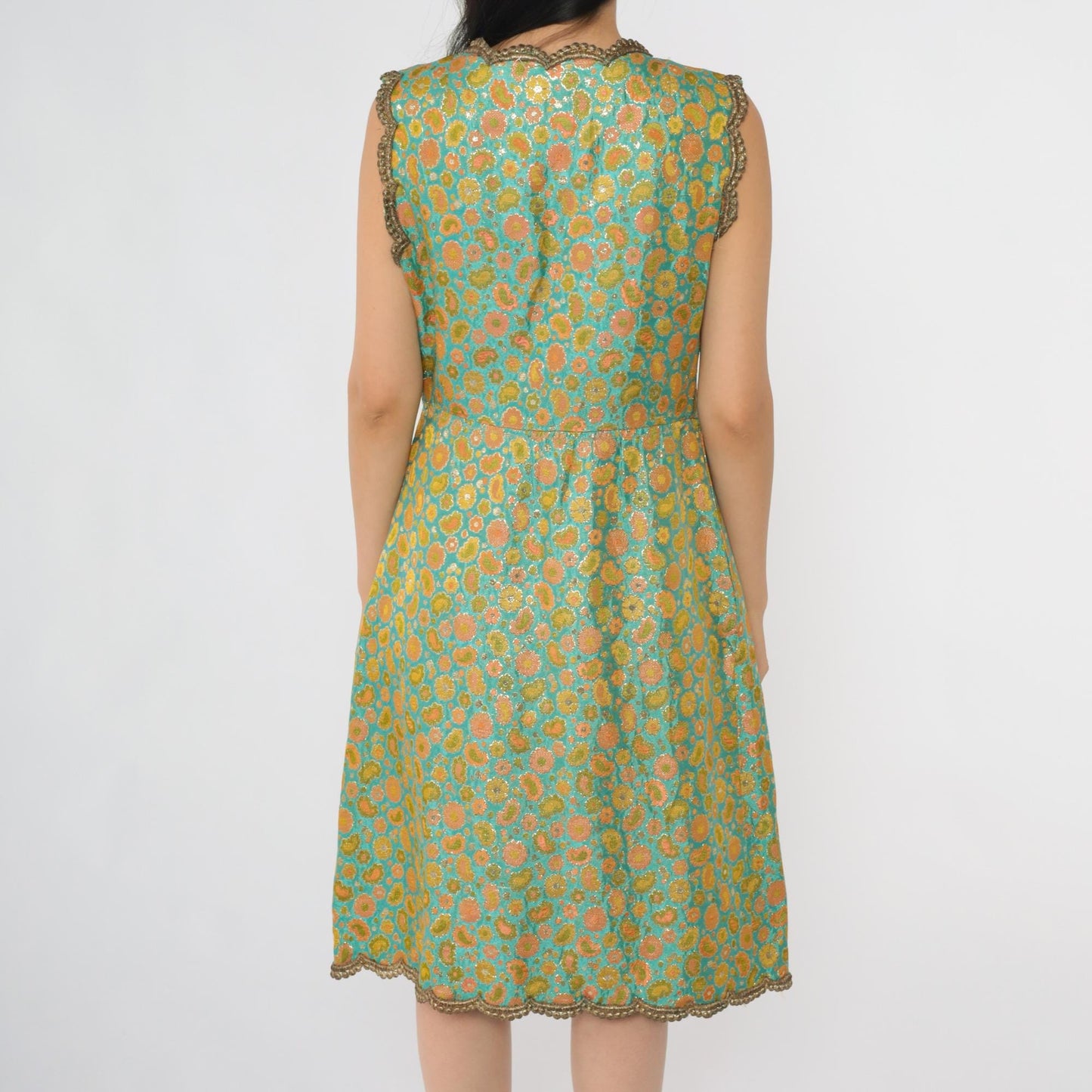 60s Oscar de la Renta Turquoise Brocade Dress Metallic Floral V Neck Small