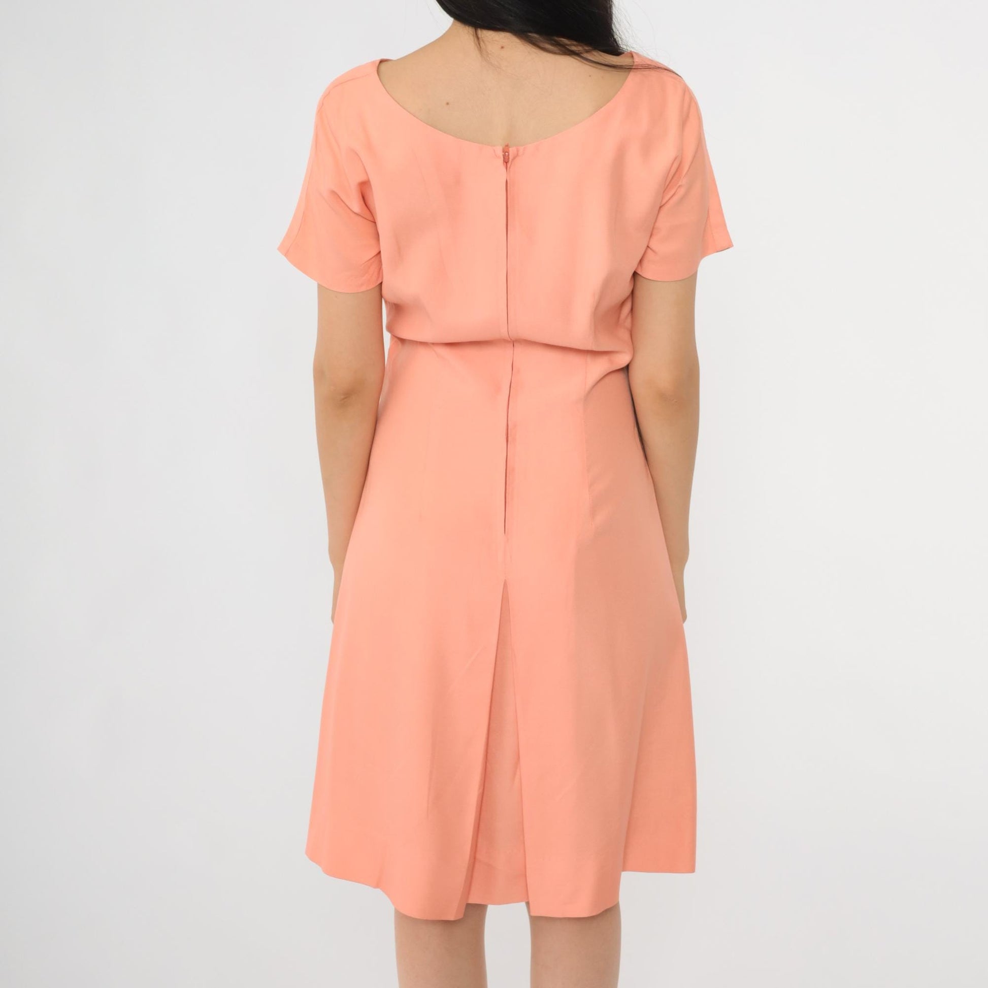 60s Peach Pink Sheath Dress Knee Length Short Sleeve Cocktail Small S