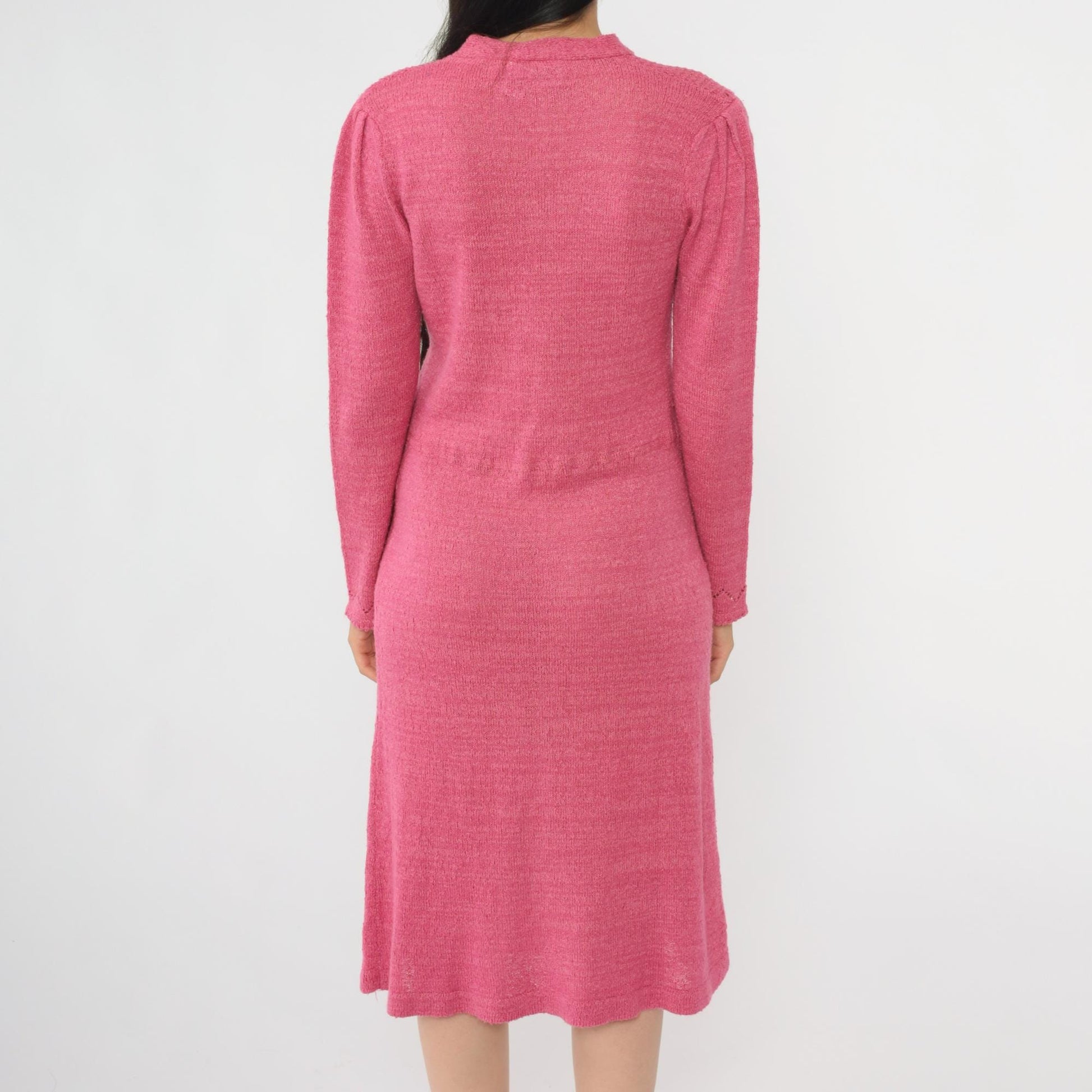 80s Pink Pointelle Knit Midi Dress Tie Neck Puff Sleeve Medium